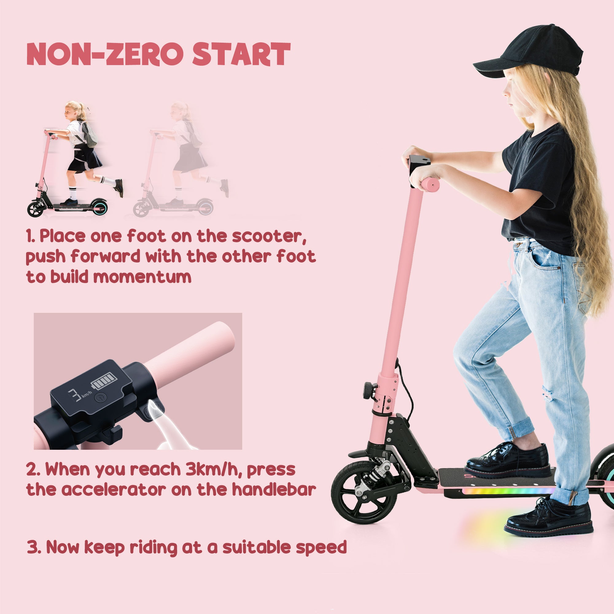 SPORTNOW Folding Electric Scooter for Kids Age 6-14 with Dual Brakes, Front Suspension, LED Colourful Lights and Display, 6.8kg Lightweight Aluminium E Scooter, Up to 14 KM/H & 6 KM, Pink - anydaydirect