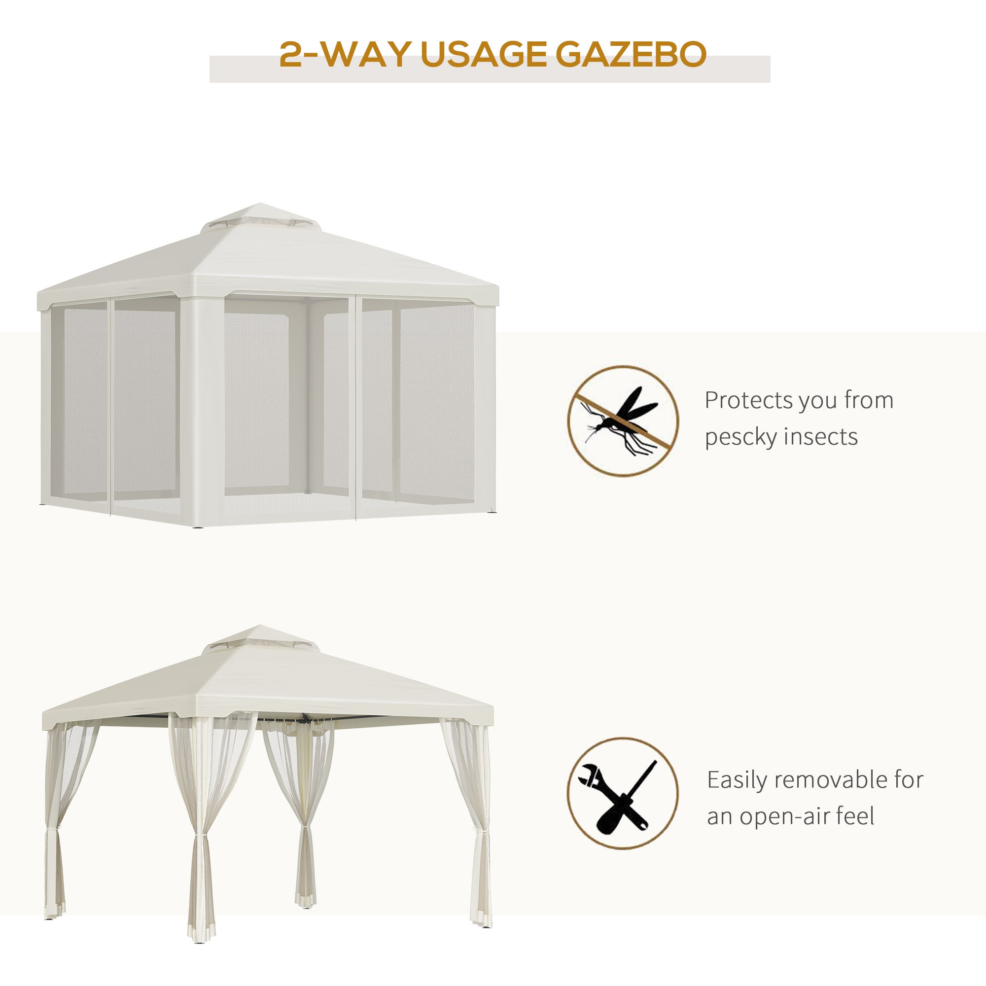 Outsunny 3 x 3 m Metal Gazebo, Garden Pavillion, Double Roof Outdoor Canopy Shelter with Mesh Sidewalls, Cream White - anydaydirect