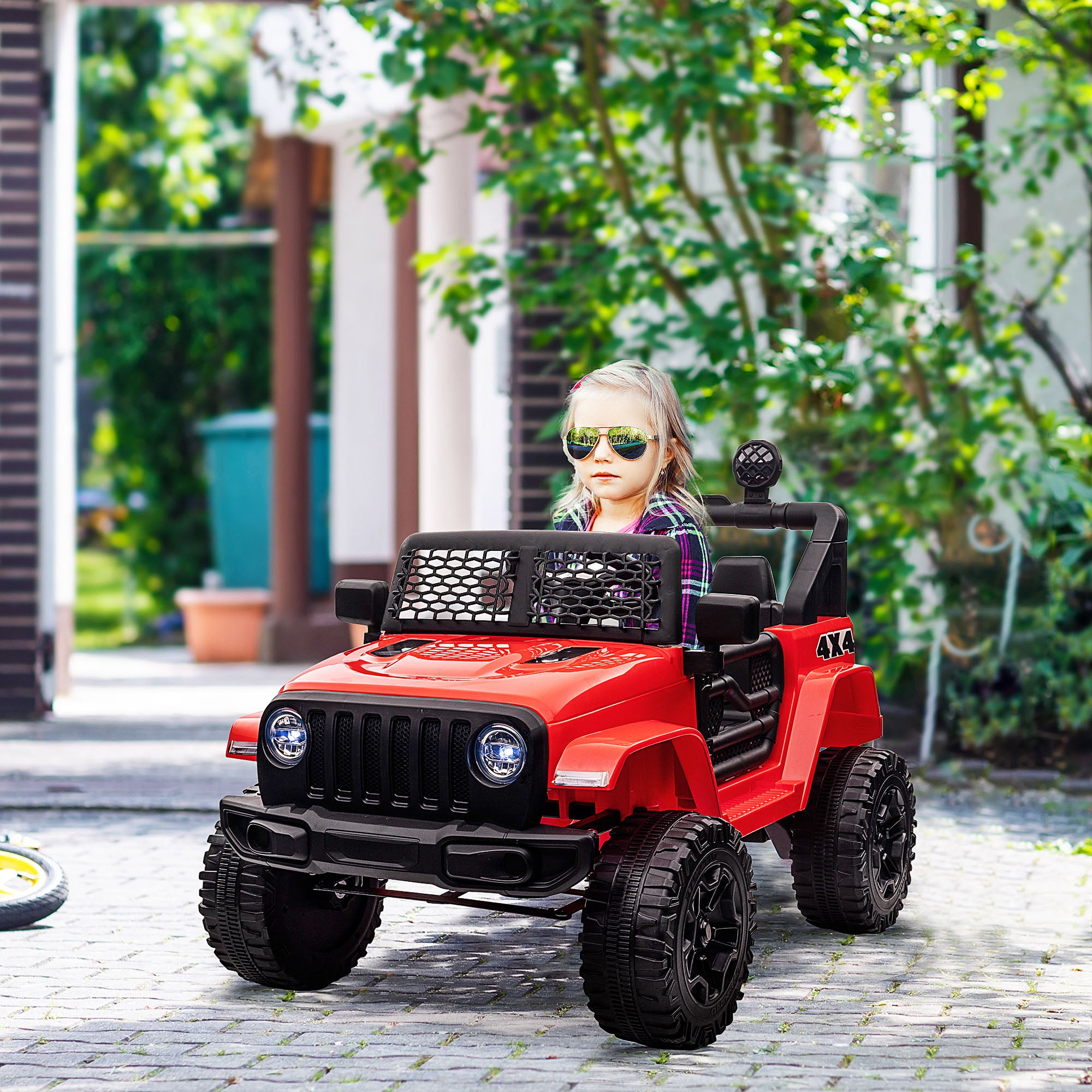 HOMCOM 12V Battery-powered 2 Motors Kids Electric Ride On Car Truck Off-road Toy with Parental Remote Control Horn Lights for 3-6 Years Old Red - anydaydirect