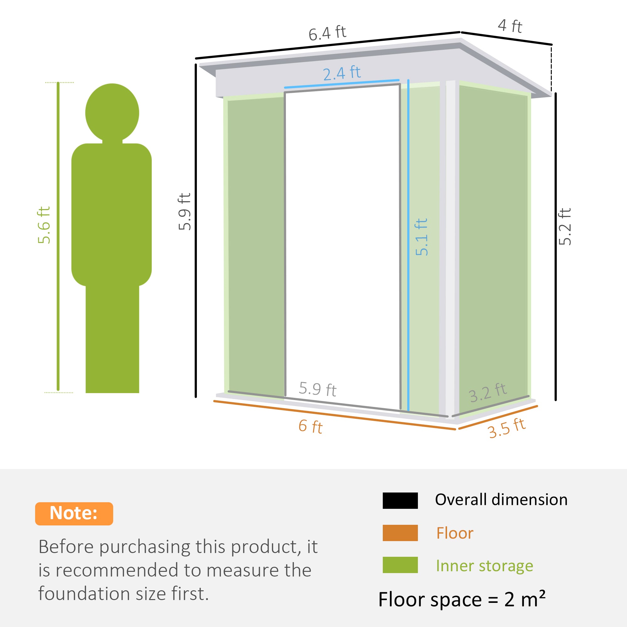 Outsunny 6.5 x 4FT Galvanised Metal Shed with Foundation, Lockable Tool Garden Shed with Double Sliding Doors and 2 Vents, Green - anydaydirect