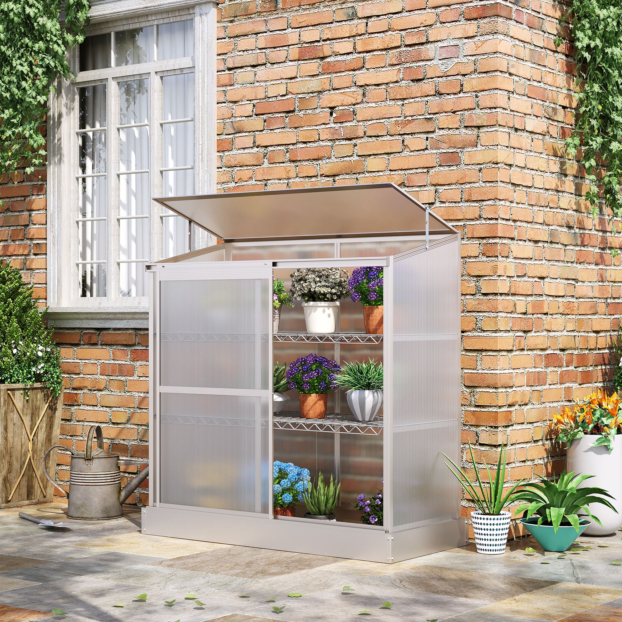 Outsunny 3 Tier Greenhouse Garden Outdoor Cold Frame Plant Flower Growth Transparent Polycarbonate Board Openable Roof Sliding Door w/ Foundation 131L x 58W x 140H cm - anydaydirect