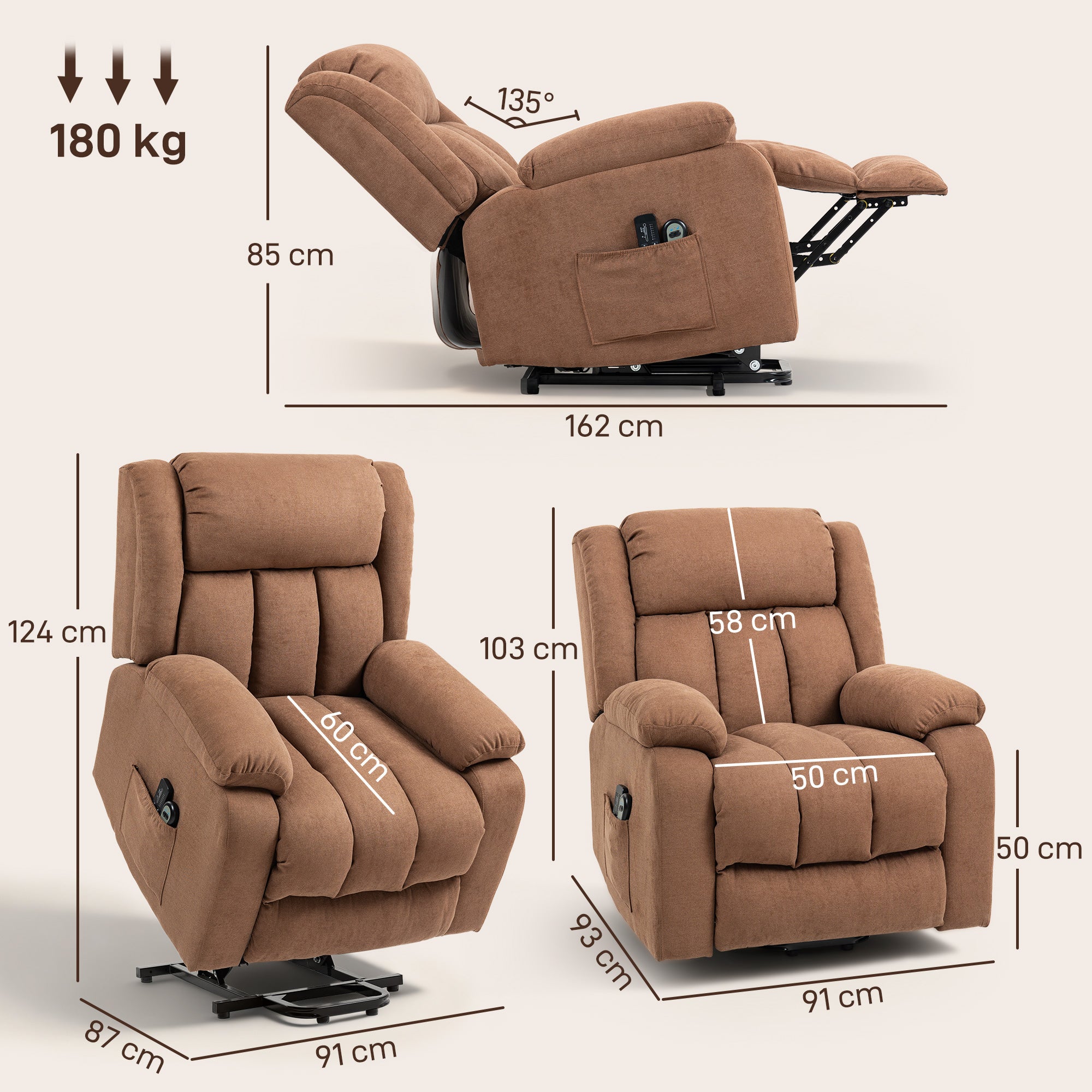 HOMCOM Power Lift Recliner Chair with Massage, Overstuffed Lift Chair for Elderly with Footrest, Remote and Side Pocket, Brown - anydaydirect