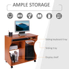 HOMCOM Multi-Storage Compact Work Desk, with Wheels - Cherry Wood Colour - anydaydirect