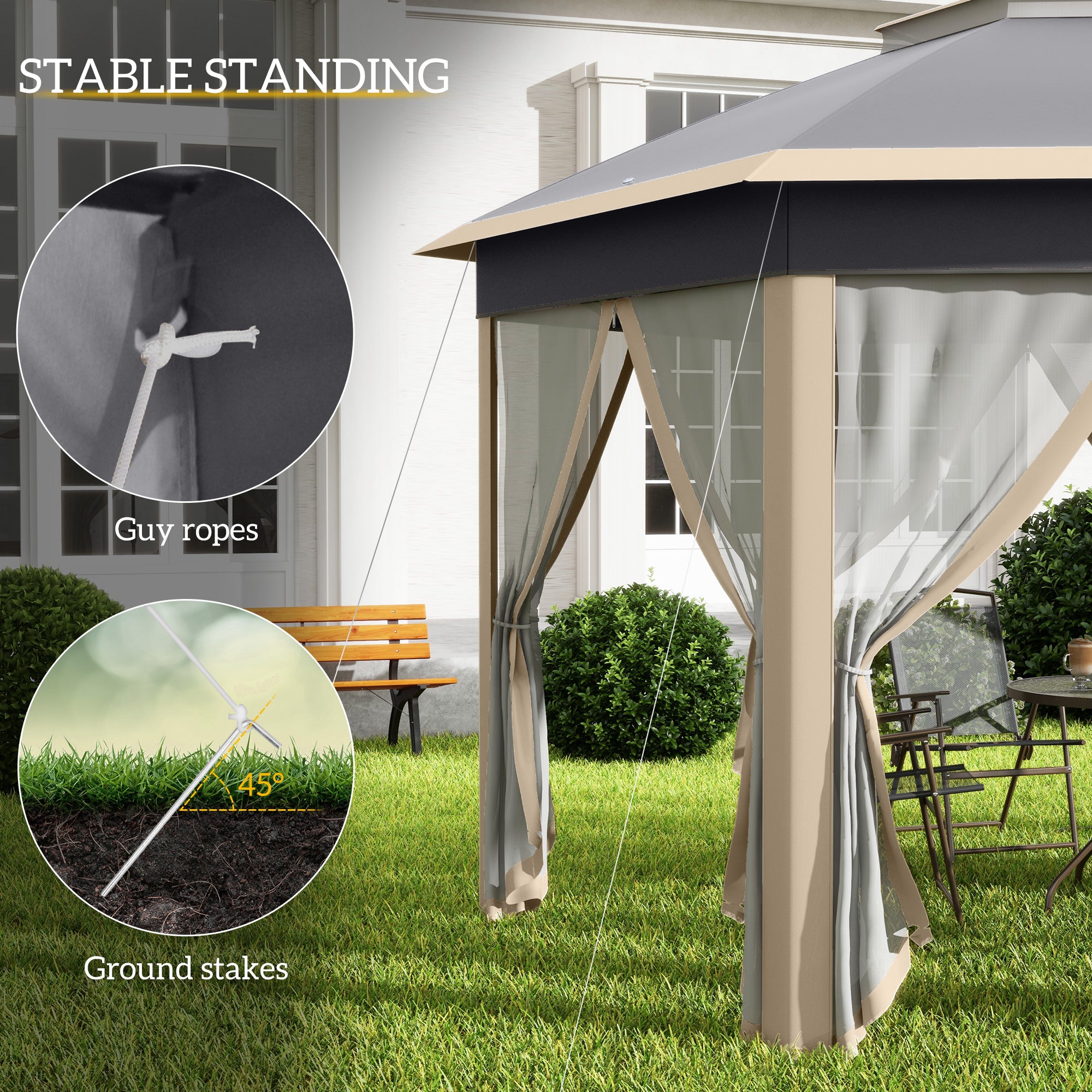 Outsunny Hexagon Pop Up Gazebo Outdoor Patio Gazebo Double Roof Instant Shelter with Netting, 3 x 4m, Khaki - anydaydirect