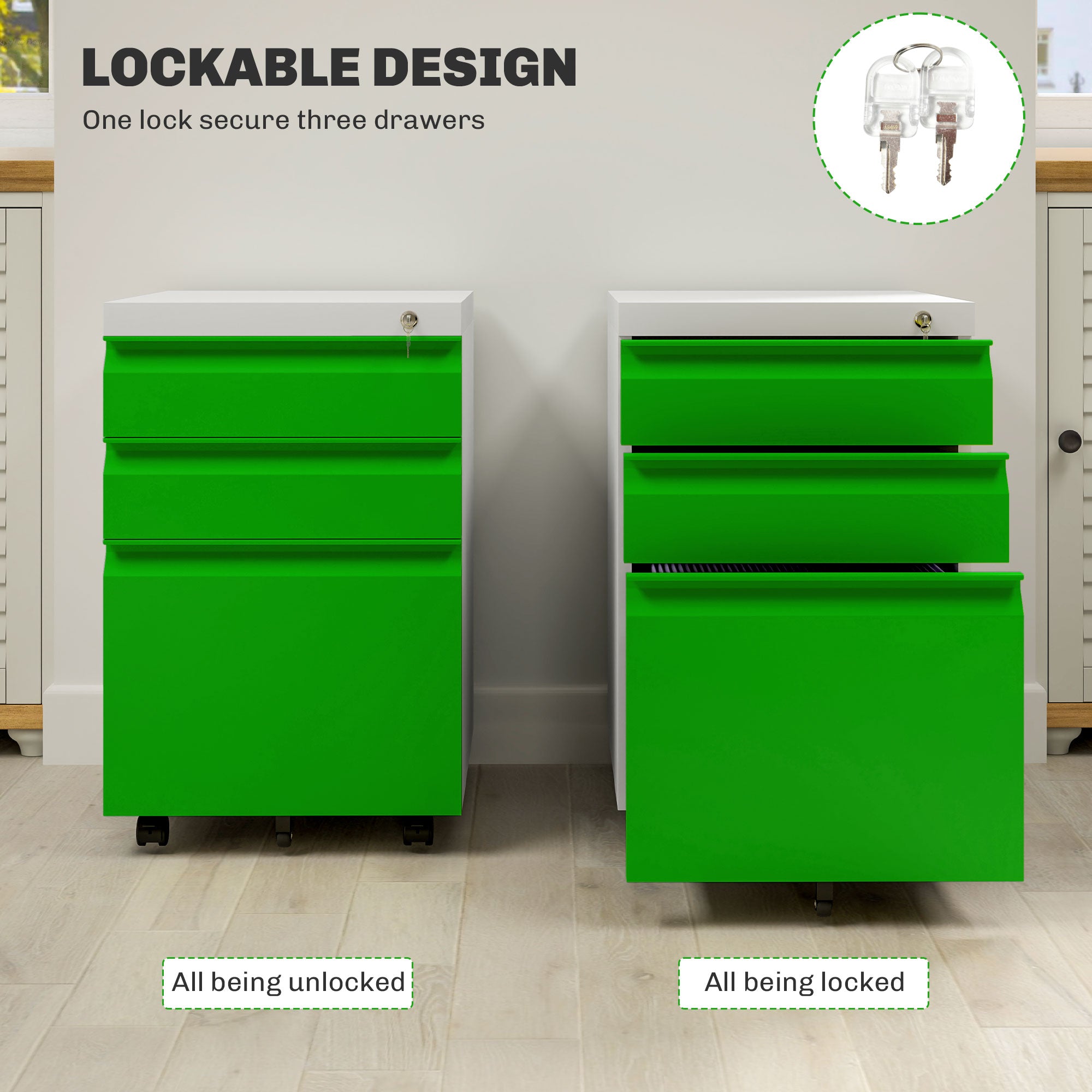 Vinsetto 3 Drawer Filling Cabinet, Mobile Metal File Cabinet with Anti-tilt Design for Letter, A4, Legal Size, Green - anydaydirect