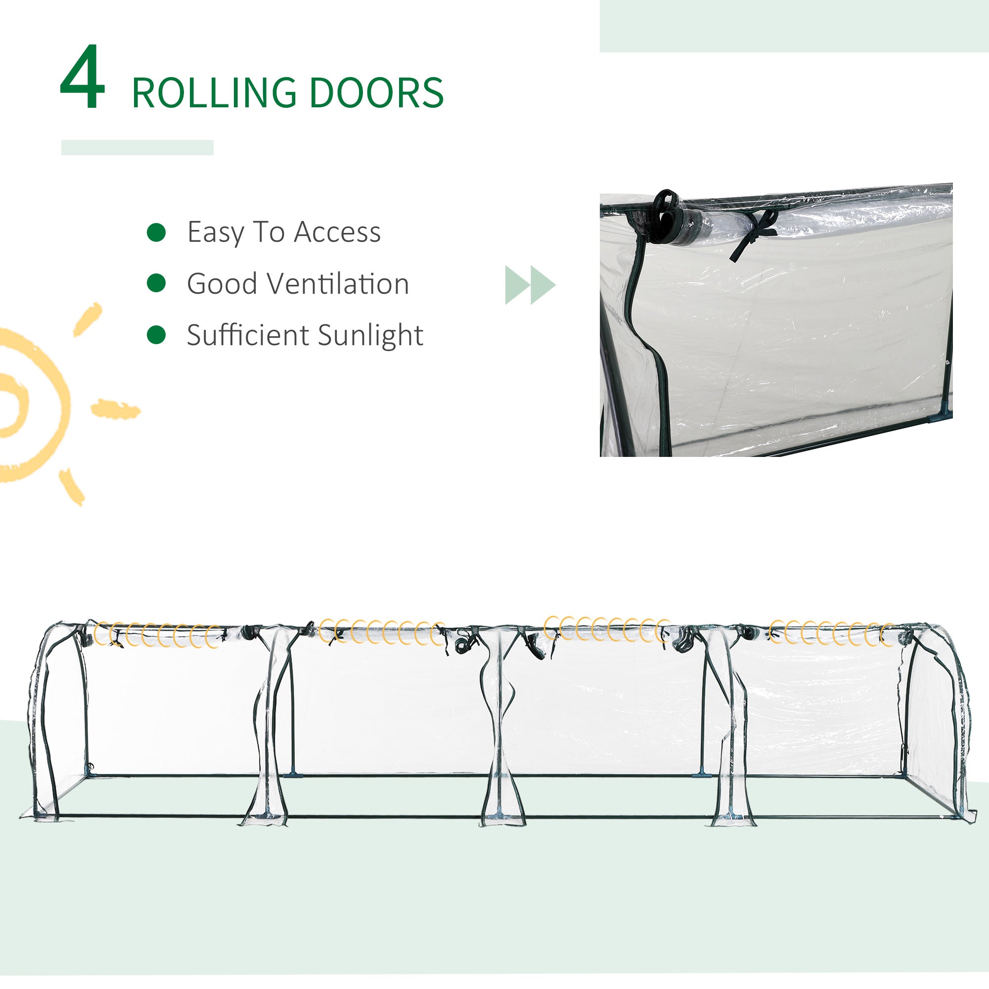 Outsunny Medium Greenhouse, Small Polytunnel Green House with Zipped Doors, Steel Frame for Garden Backyard, 395 x 100 x 80cm, Clear - anydaydirect