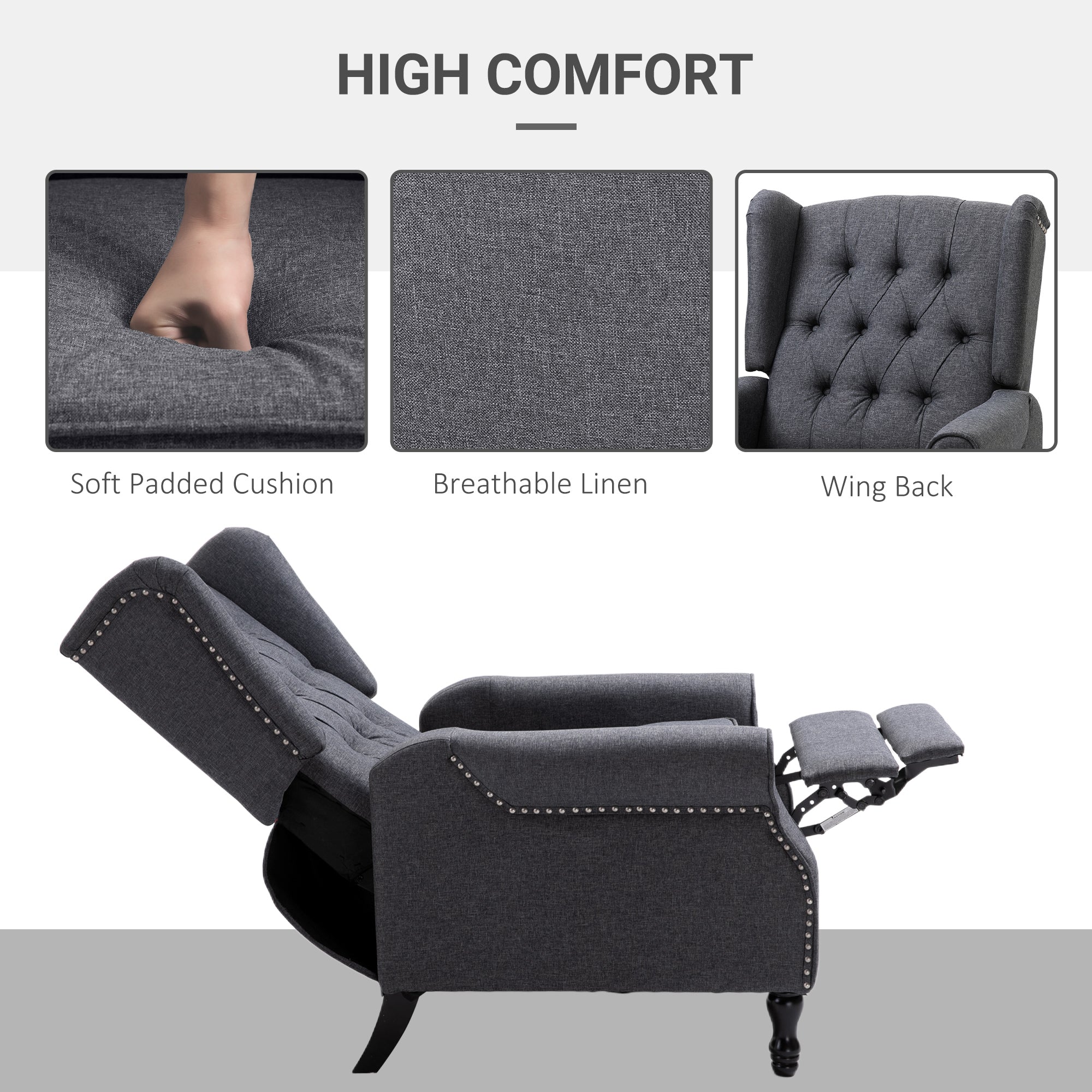 HOMCOM Recliner Armchair, Vintage Reclining Chair with Nail Head Trim, Wingback Chair with Button Tufted Back and Footrest, for Living Room, Dark Grey - anydaydirect