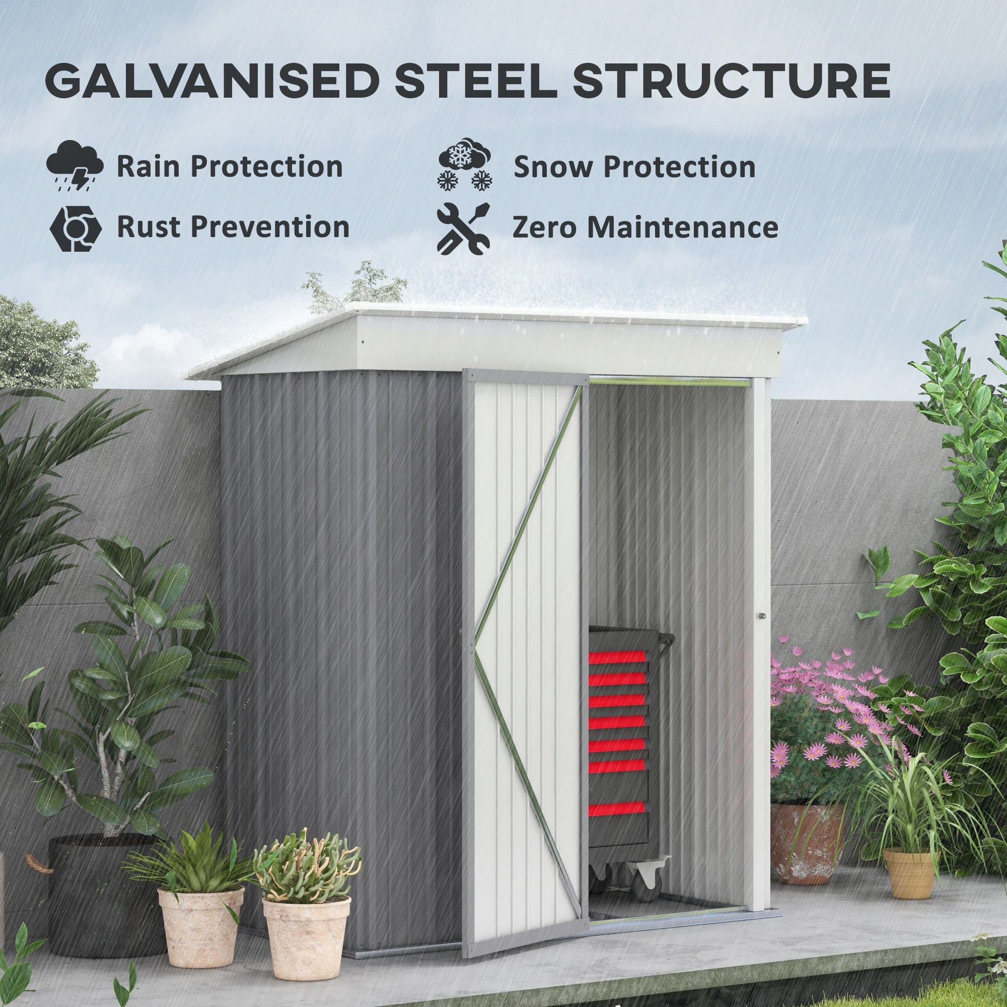 Outsunny Metal Garden Shed, Outdoor Lean-to Shed for Tool Motor Bike, with Adjustable Shelf, Lock, Gloves, 5'x3'x6', Grey - anydaydirect