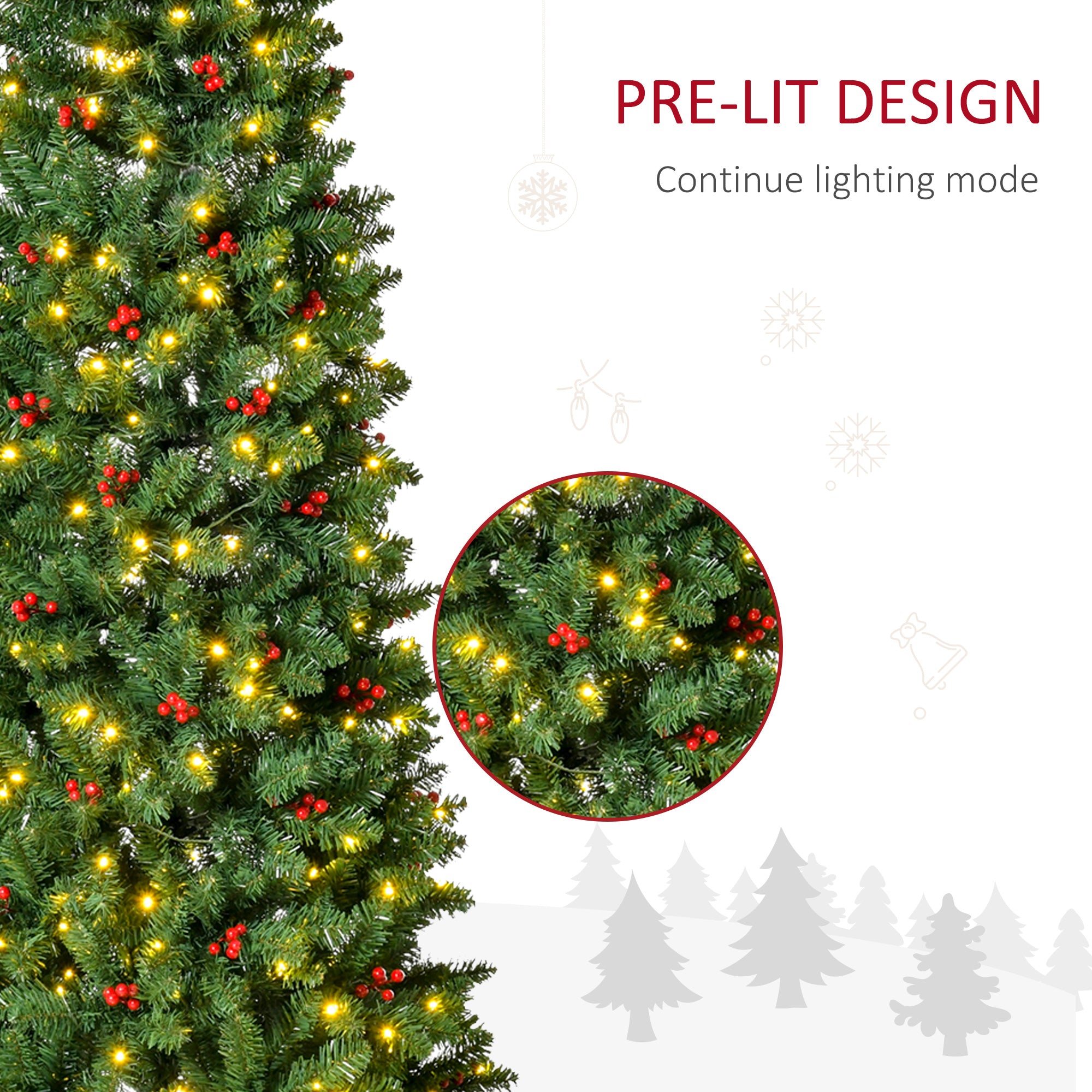 HOMCOM 7FT Prelit Artificial Pencil Christmas Tree with Warm White LED Light, Red Berry, Holiday Home Xmas Decoration, Green - anydaydirect