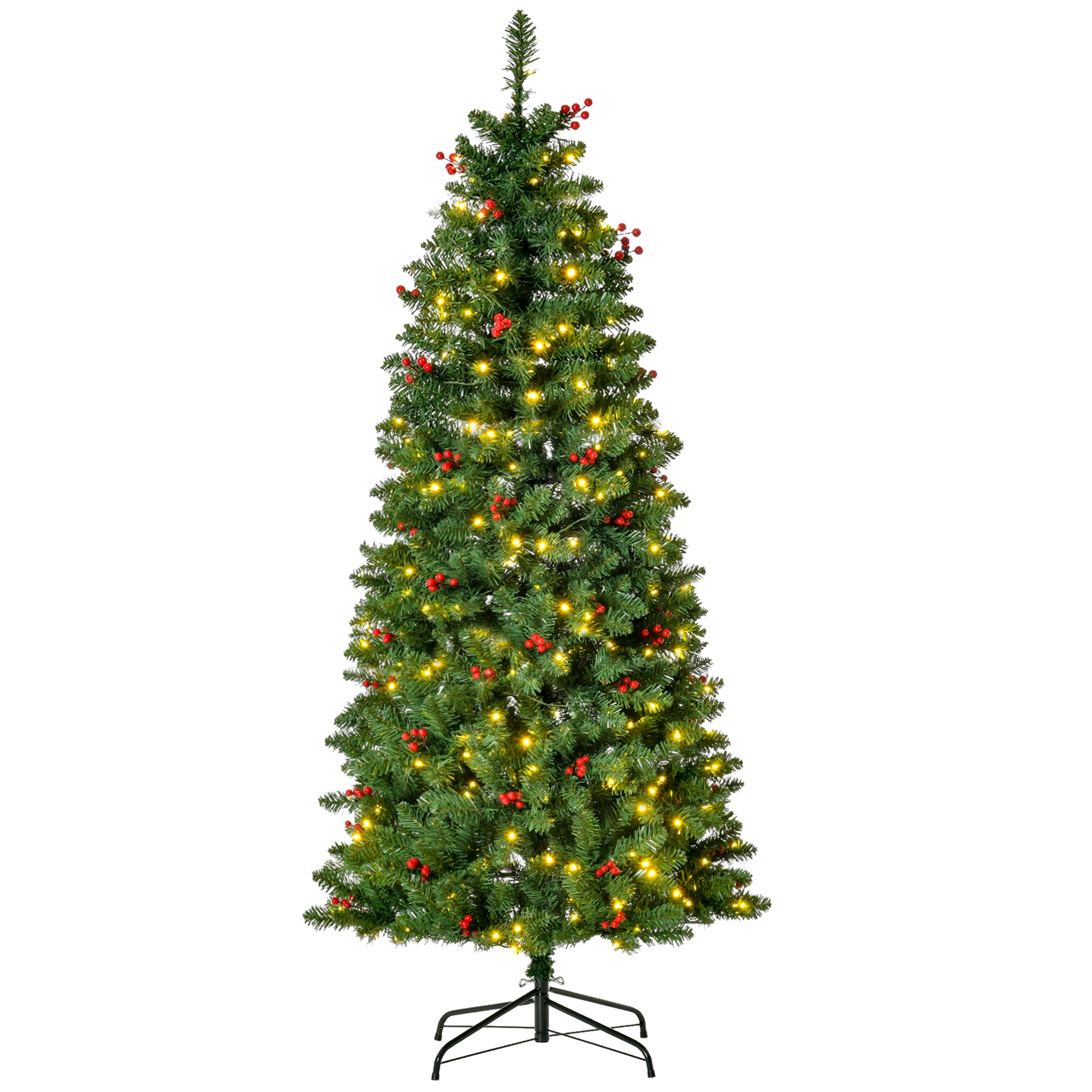 HOMCOM 5FT Prelit Artificial Pencil Christmas Tree with Warm White LED Light, Red Berry, Holiday Home Xmas Decoration, Green - anydaydirect