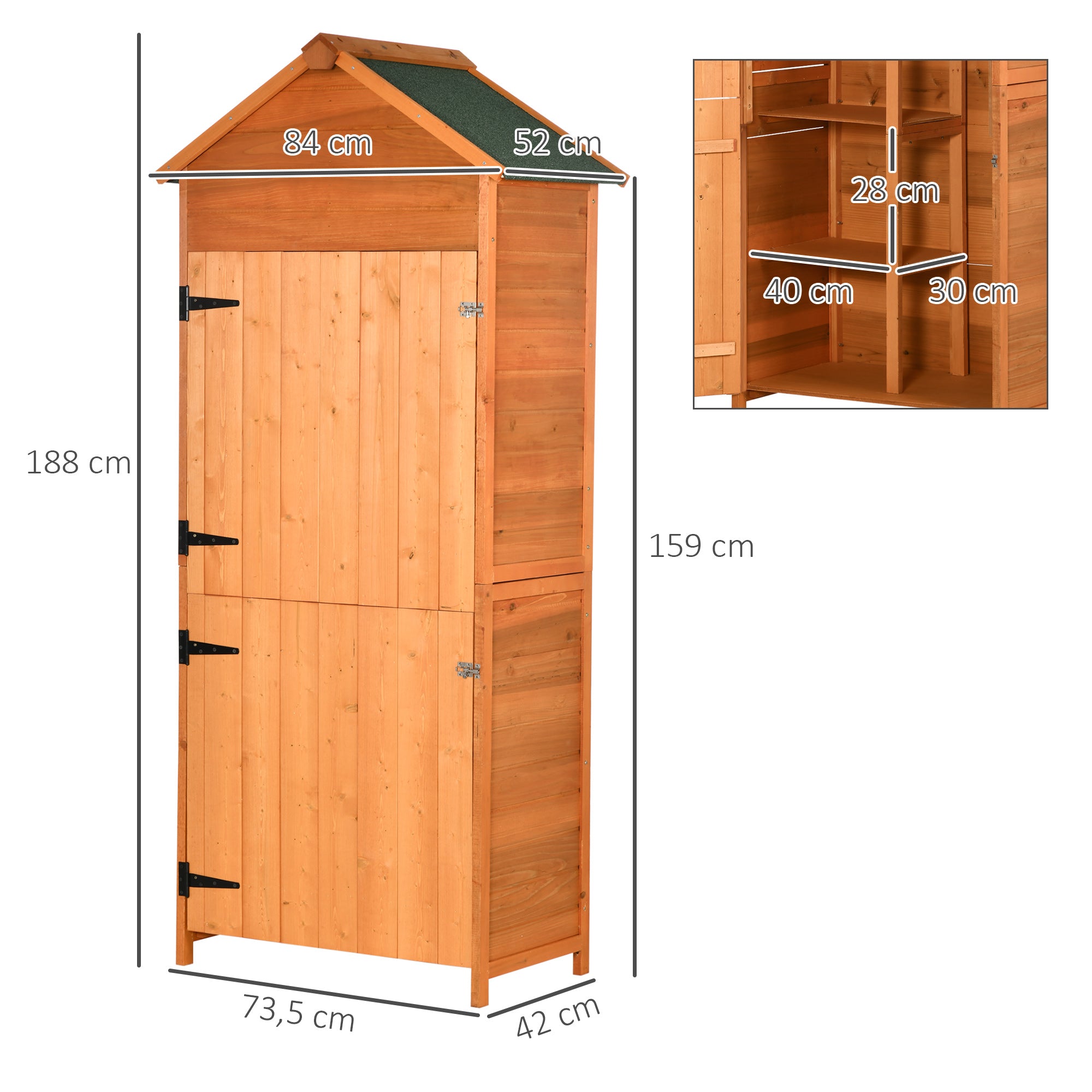 Outsunny 84 x 52cm Garden Shed 4-Tier Wooden Garden Outdoor Shed 3 Shelves Utility Gardener Cabinet Lockable Double Doors Tool Kit Storage - anydaydirect