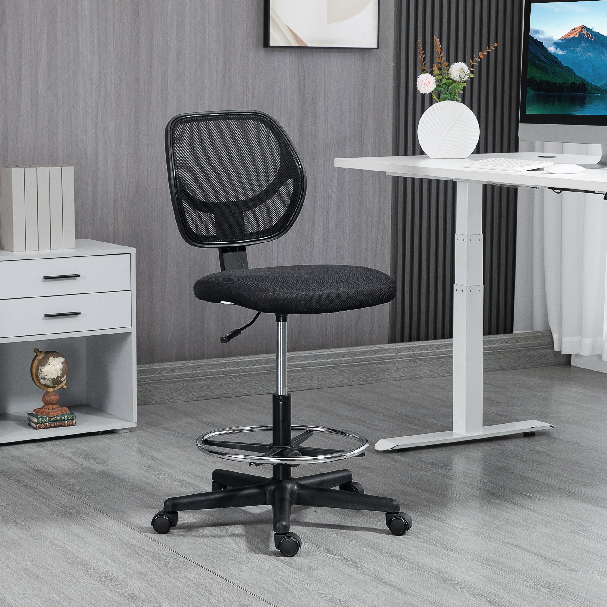 Vinsetto Ergonomic Mesh Standing Desk Chair with Adjustable Footrest Ring and Seat Height Black - anydaydirect
