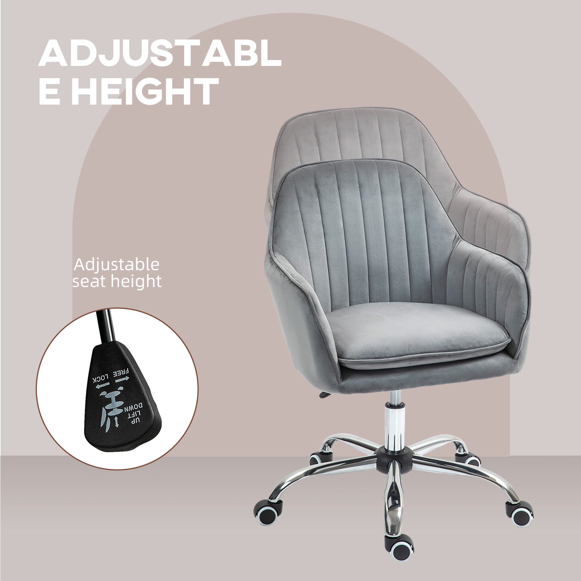 HOMCOM Office Chair, Swivel Desk Chair, Velvet-Feel Fabric Vanity Chair with Adjustable Height and Rolling Wheels for Home Work Study, Grey - anydaydirect