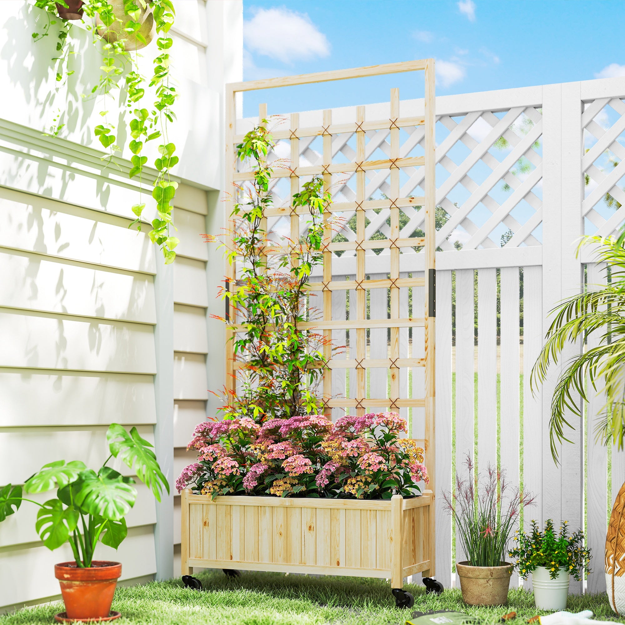 planter on wheels with trellis Outsunny Wooden Trellis Planter, Raised Garden Bed with Wheels, to Cli – anydaydirect