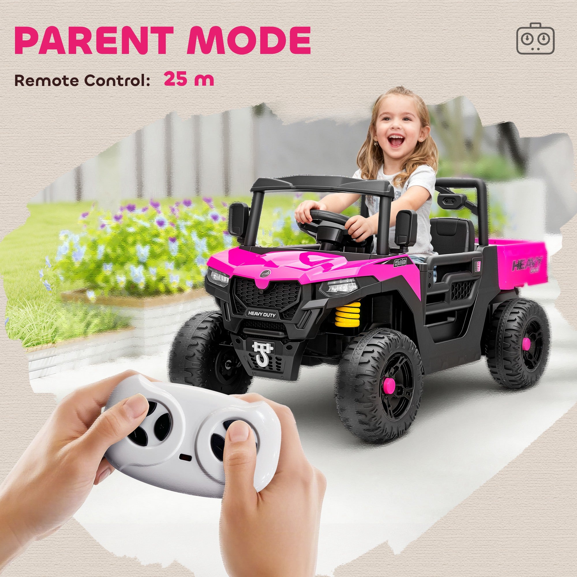 AIYAPLAY Kids Ride on Car, 12V Electric Kids UTV with Electric Dump Bed, 4-Wheel Suspension for 3-8 Years, Pink - anydaydirect