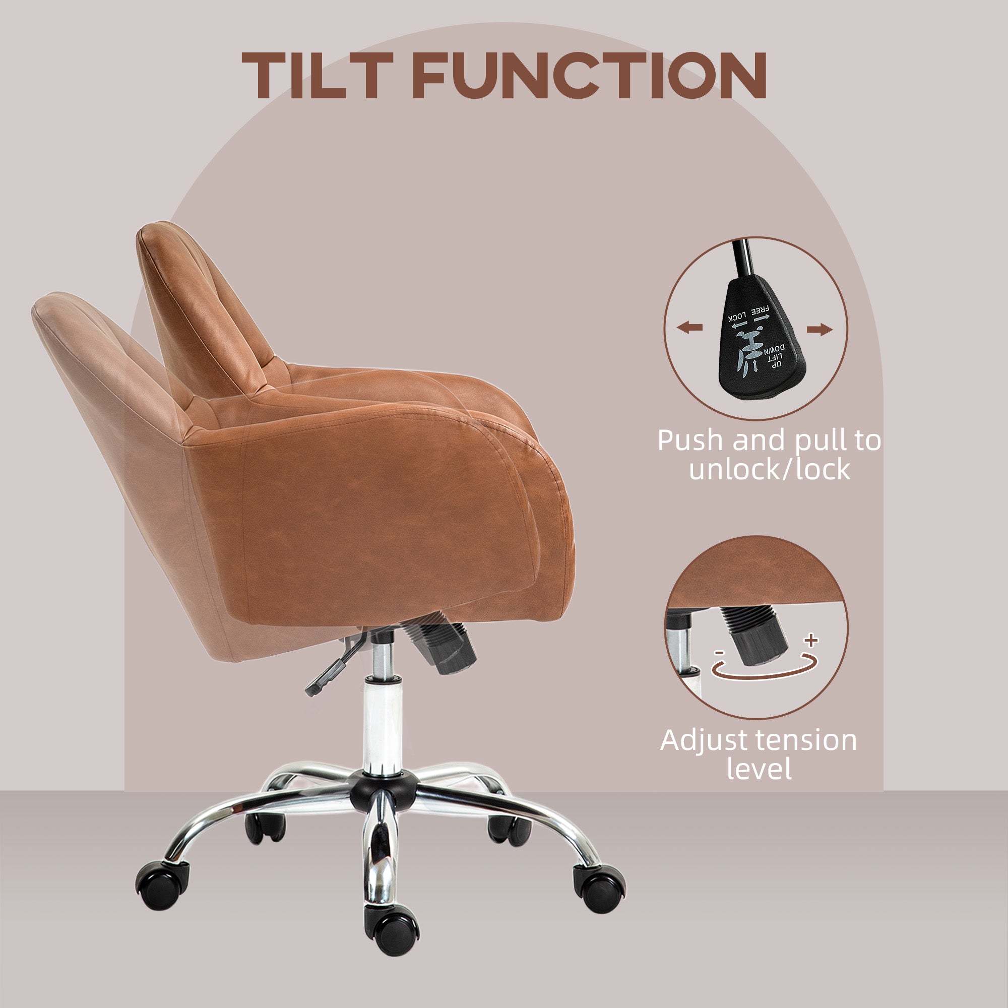 HOMCOM Faux Leather Tub Office Chair, with Wheels - Brown - anydaydirect