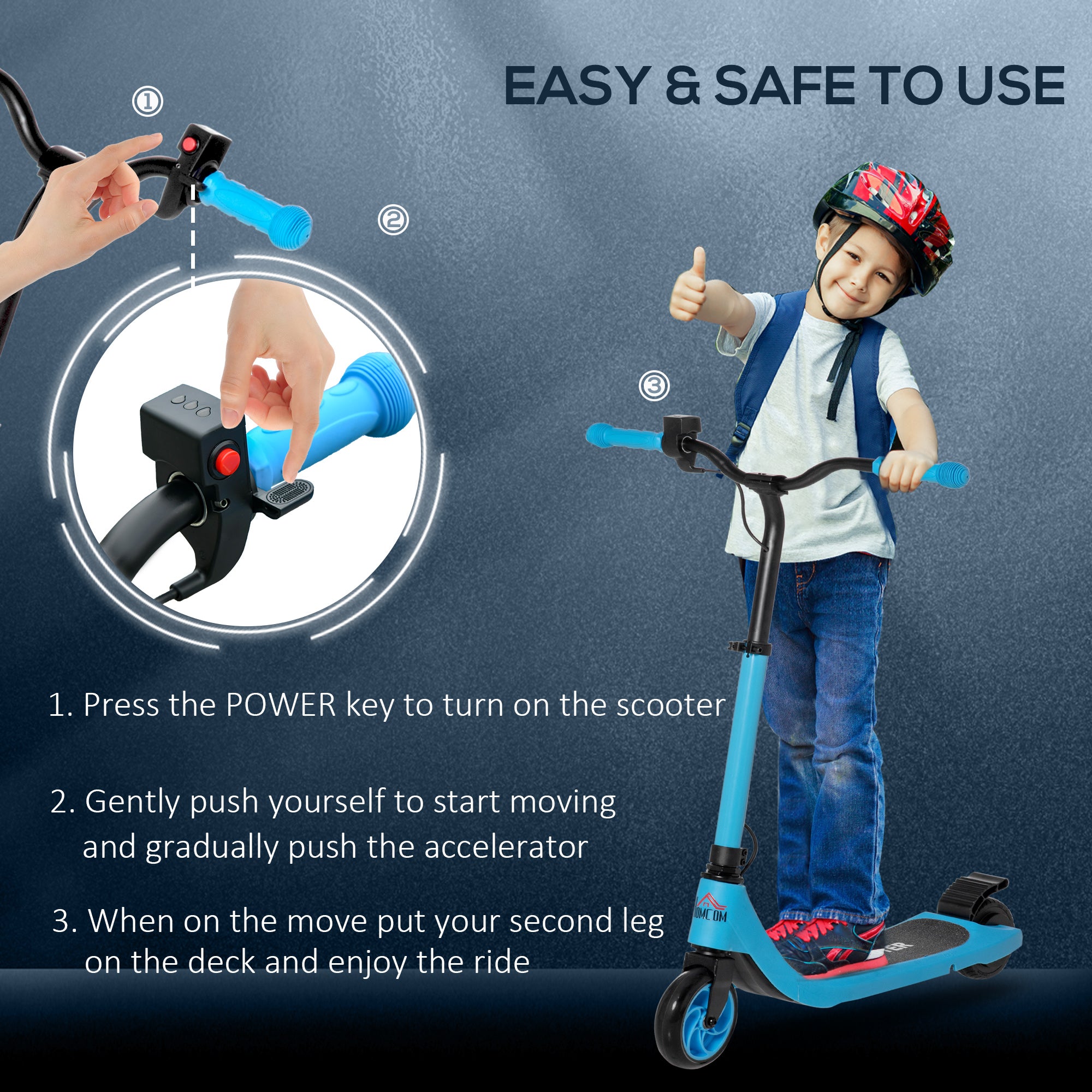 HOMCOM Electric Scooter, 120W Motor E-Scooter w/ Battery Display, Adjustable Height, Rear Brake for Ages 6+ Years - Blue - anydaydirect