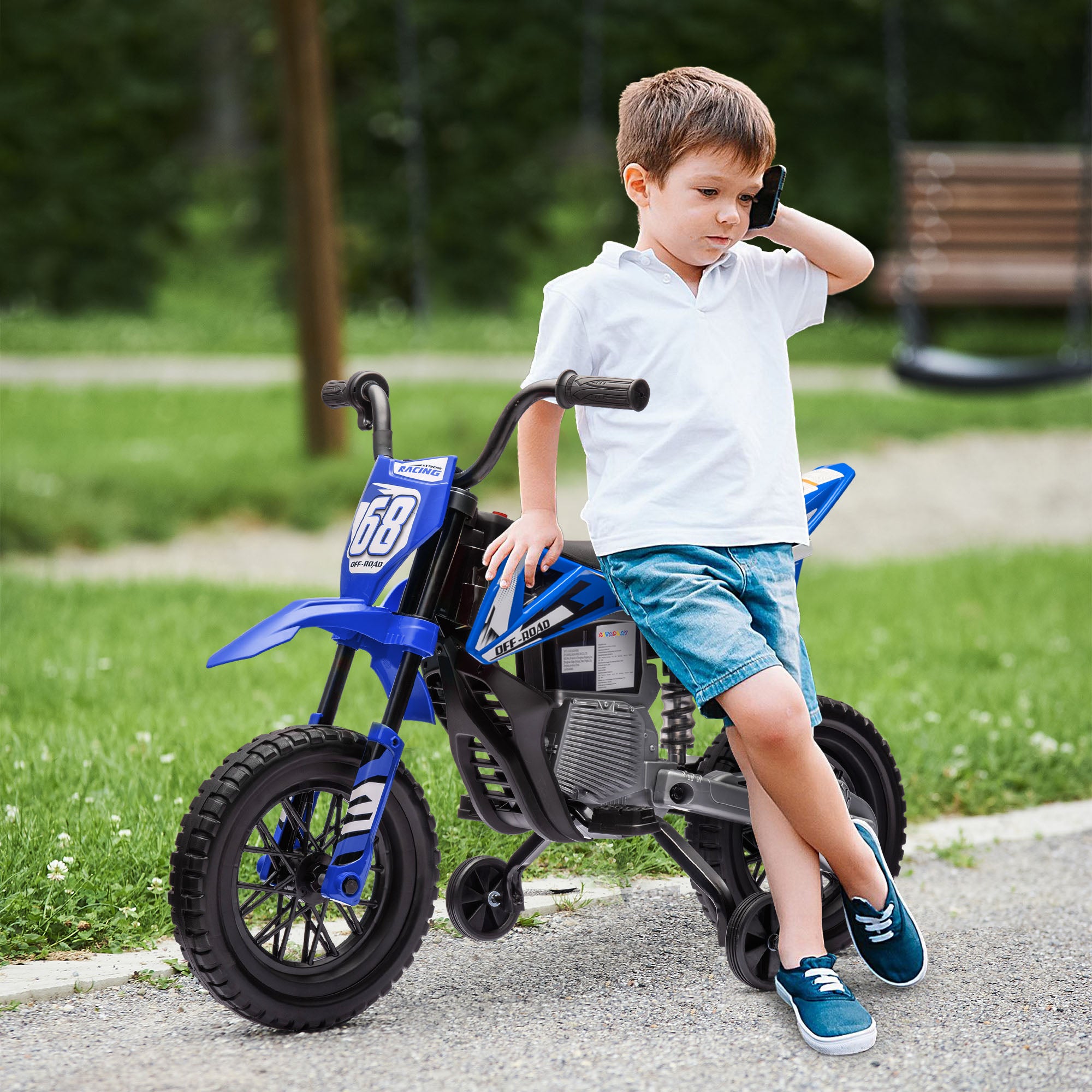 AIYAPLAY 12V Kids Electric Motorbike, Kids Electric Ride on Motorcycle w/ Twist Grip Throttle, Training Wheels - Blue - anydaydirect