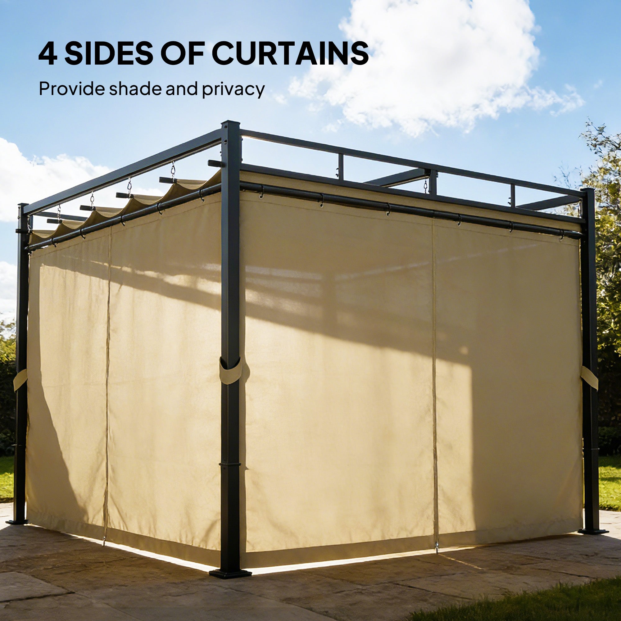 Outsunny 3 x 3 m Pergola with Retractable Roof Canopy and Curtains, UPF30+ Metal Frame Garden Pergola Gazebo Sun Shade, Khaki - anydaydirect