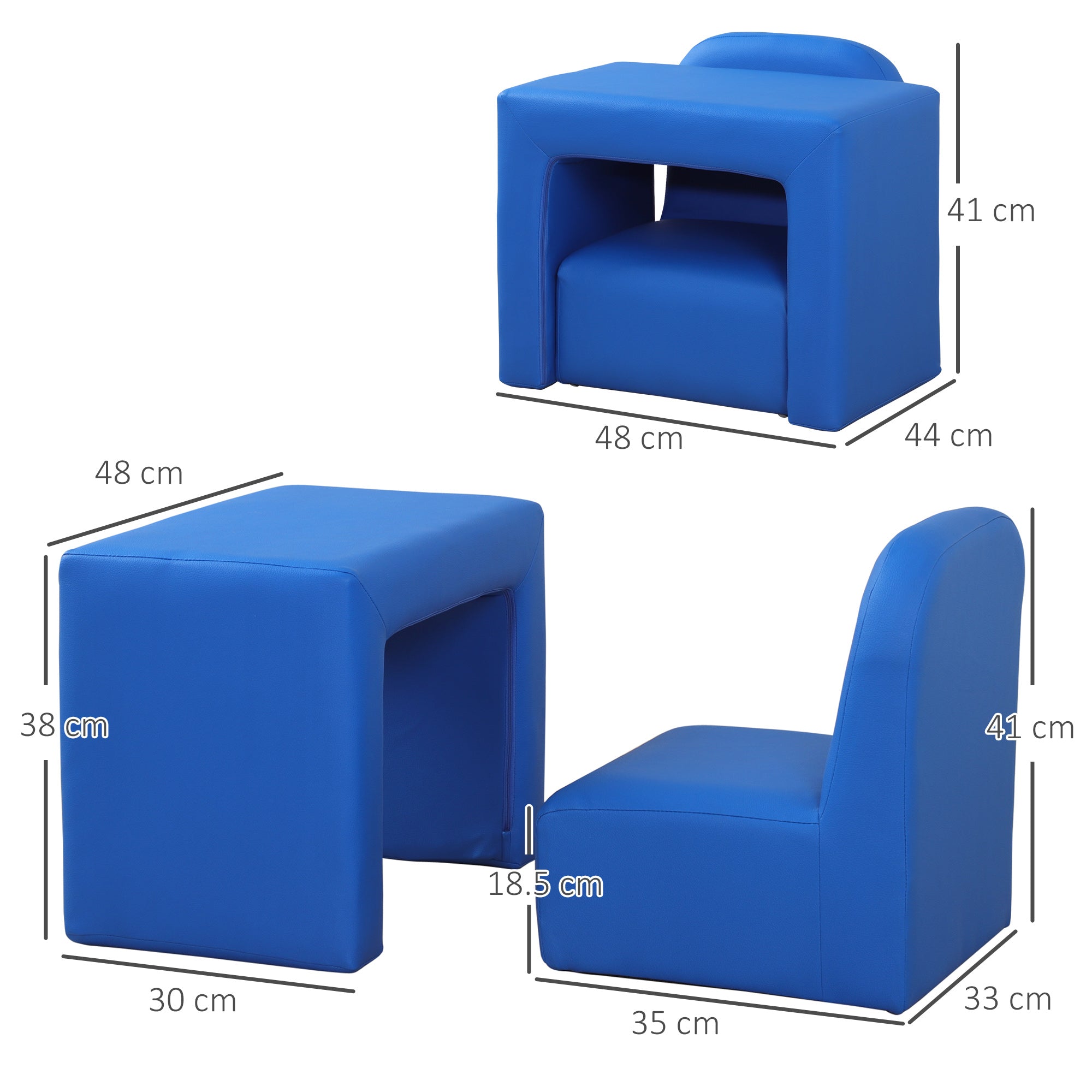 HOMCOM 2 In 1 Toddler Sofa Chair,  48 x 44 x 41 cm, for Game Relax Playroom, Blue - anydaydirect