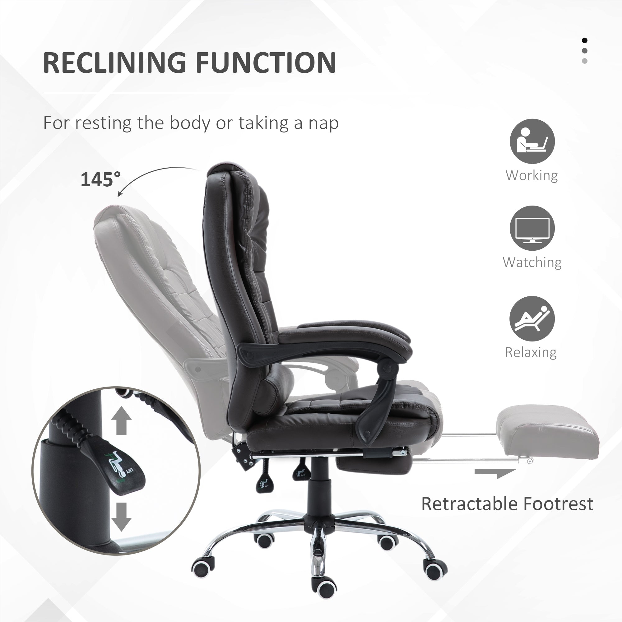 HOMCOM PU Leather Executive Office Chair, High Back Swivel Chair with Retractable Footrest, Adjustable Height, Reclining Function, Brown - anydaydirect