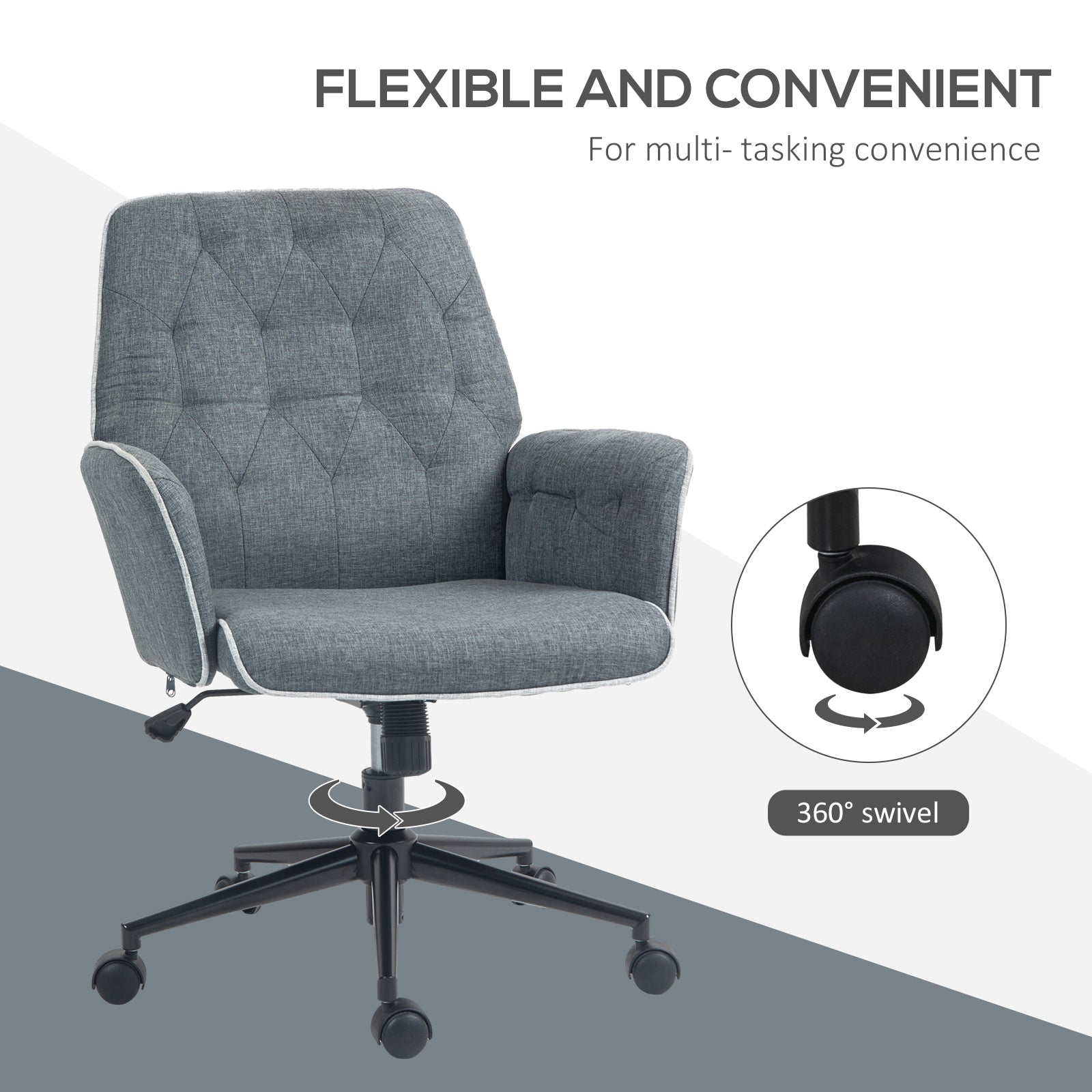 HOMCOM Linen Computer Chair with Armrest, Modern Swivel Chair with Adjustable Height, Dark Grey - anydaydirect