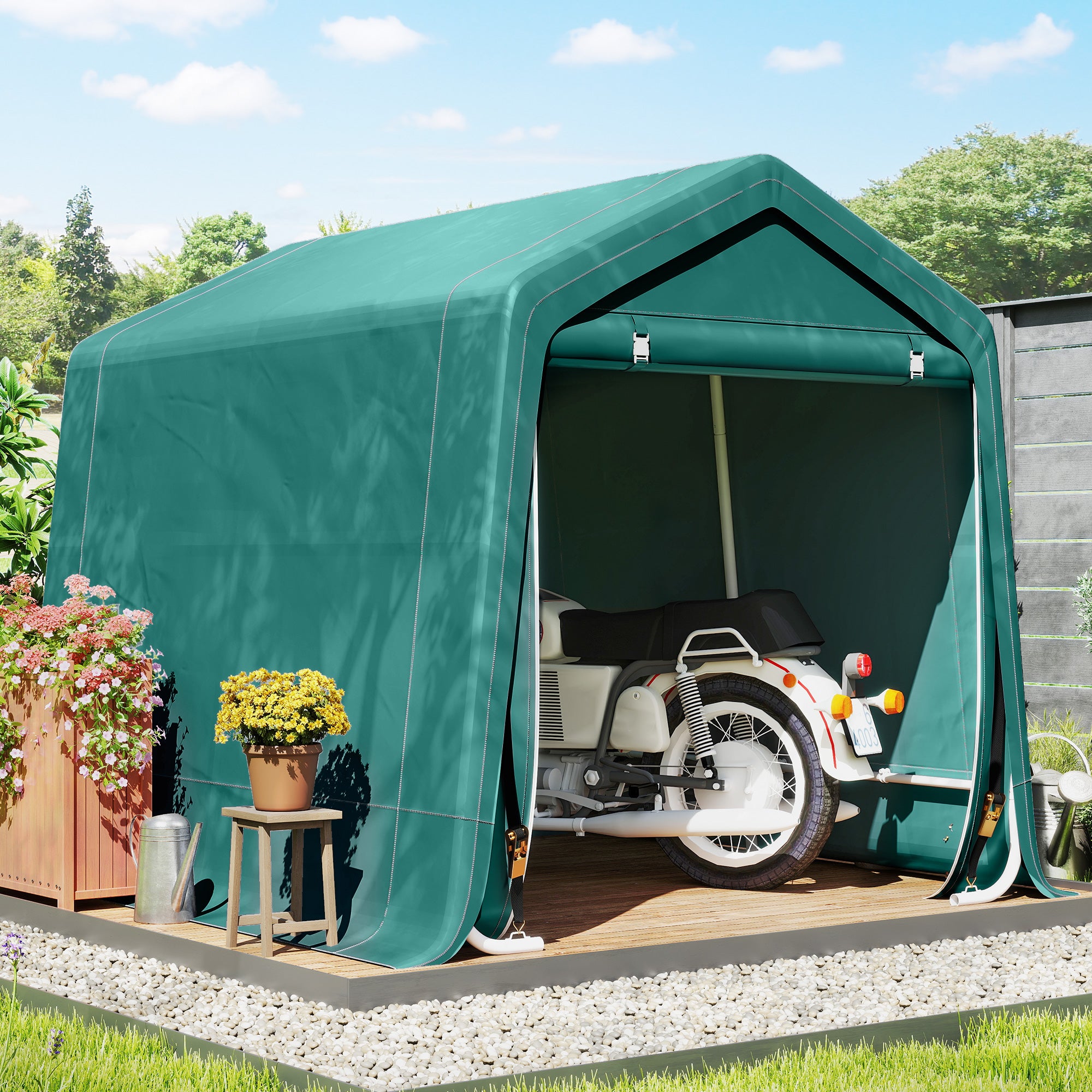 Outsunny 8 x 6.5 ft Outdoor Garden Storage Shed, Waterproof Bike Tent with Double Roll-up Zipper Door for Garden Tools, Green - anydaydirect