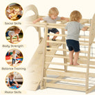 AIYAPLAY 6 in 1 Kids Climbing Frame with Slide, Monkey Bars, Gymnastics Rings, Ladder, Climbing Net, for 3-6 Years, Natural Tone - anydaydirect