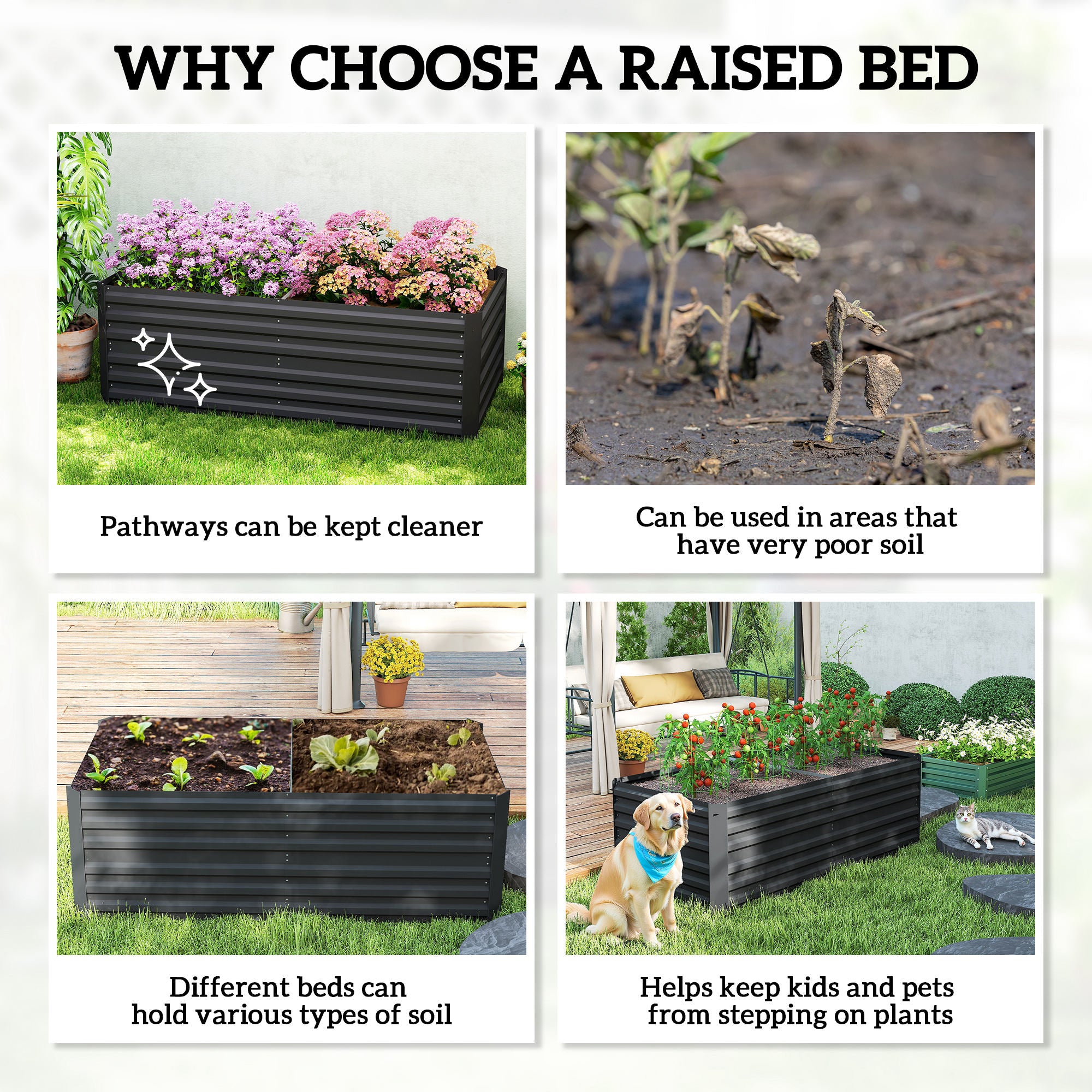 Outsunny Raised Beds for Garden, Galvanised Steel Outdoor Planters with Multi-reinforced Rods, 180 x 90 x 59 cm, Black - anydaydirect