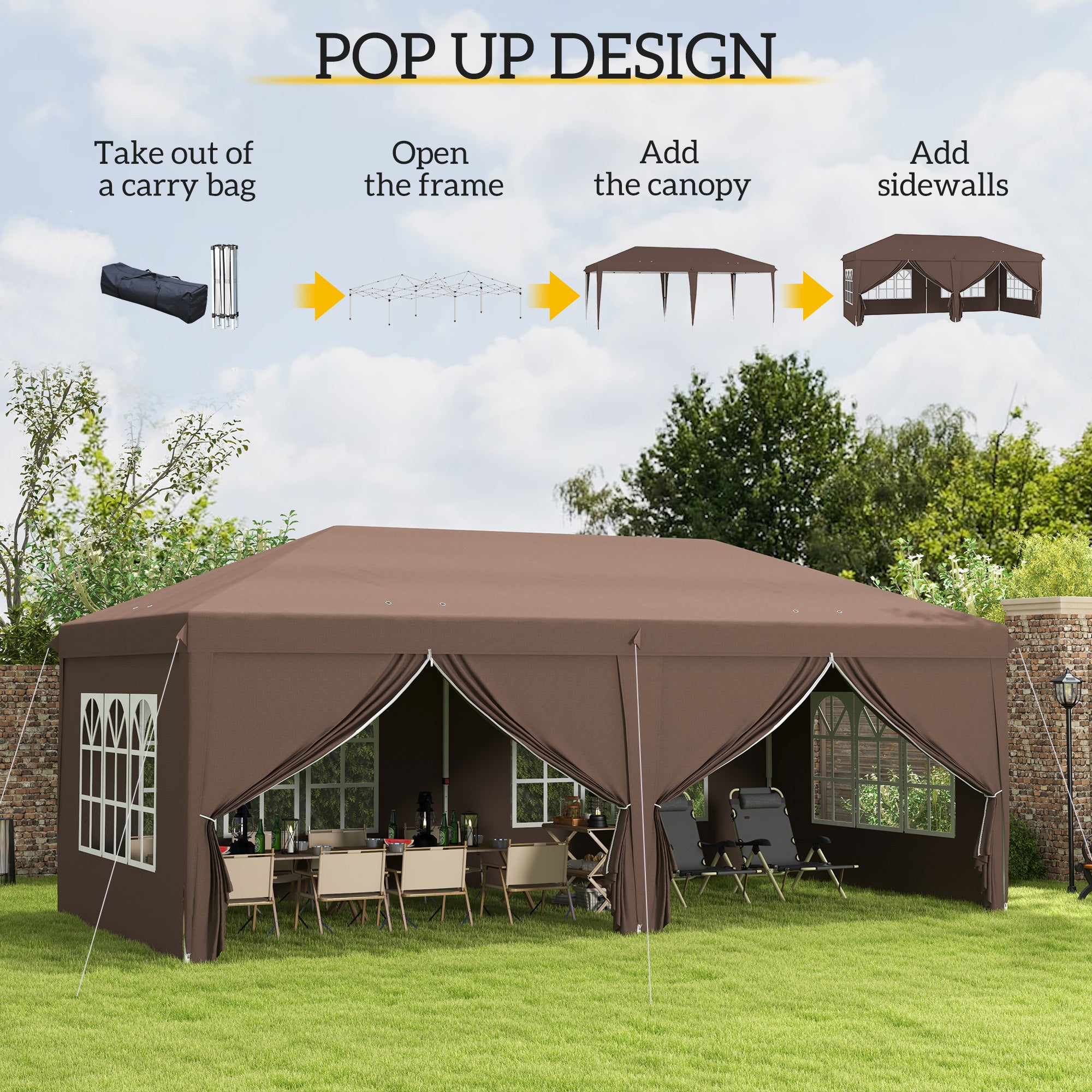 Outsunny 3 x 6 m Pop Up Gazebo with Sides and Windows, Height Adjustable Party Tent with Storage Bag for Garden, Camping, Event, Brown - anydaydirect