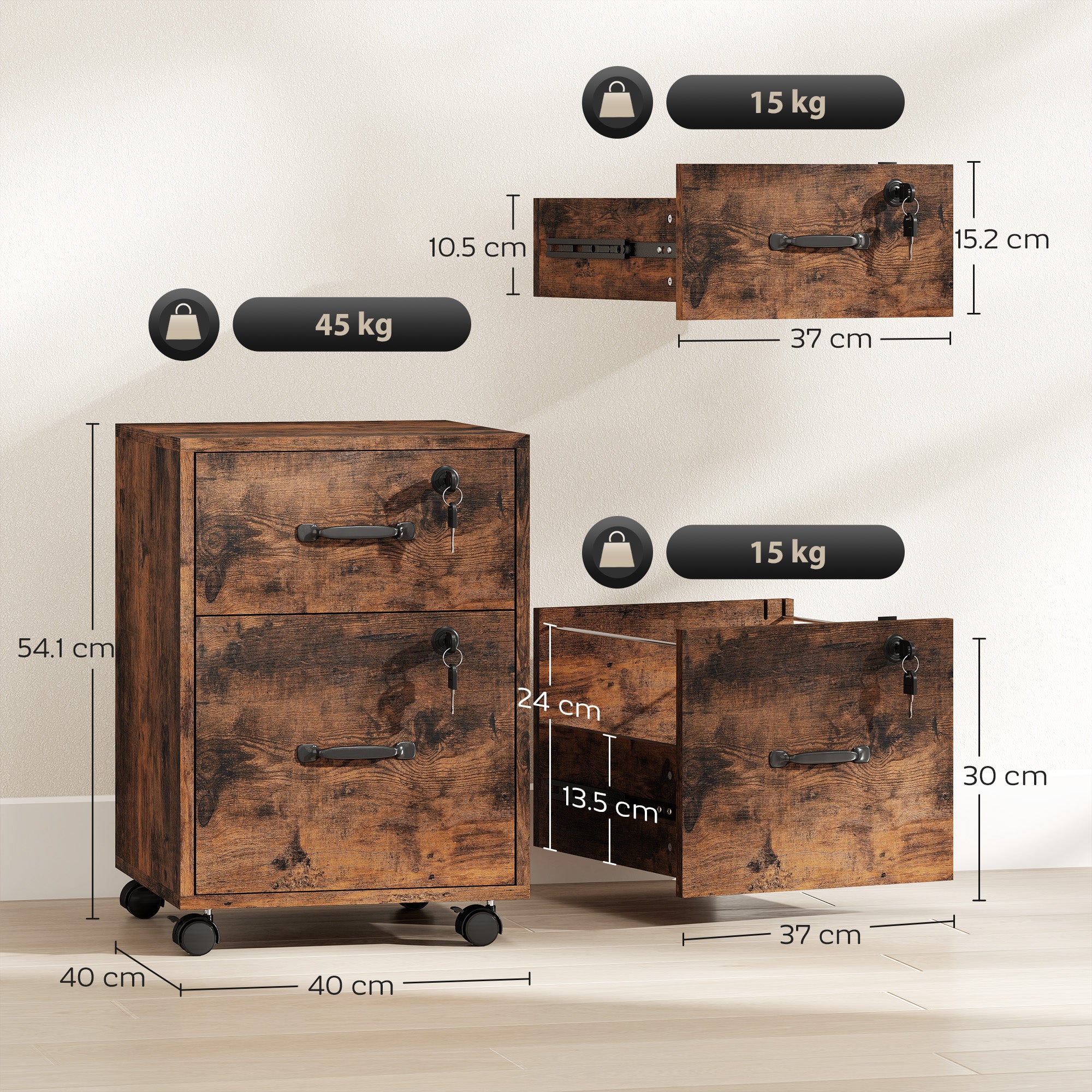 HOMCOM Rolling File Cabinet with 2 Drawers Special, Mobile Filing Cabinet with Hanging File Folder for Letter Sized Documents, Rustic Brown - anydaydirect