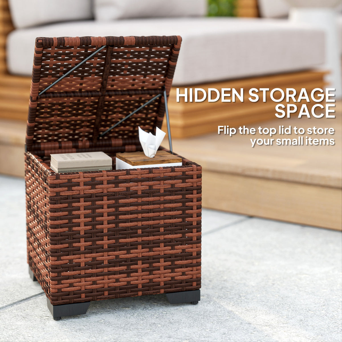 Outsunny Set of 2 Rattan Storage Ottoman, Outdoor Footstool with Remov ...