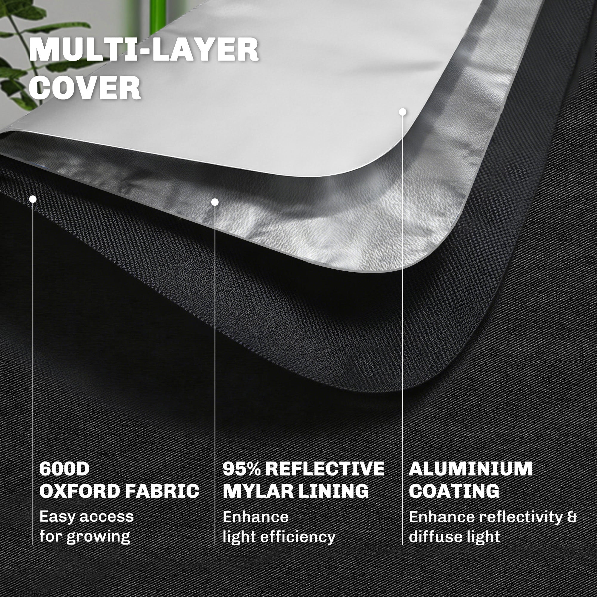 Outsunny Grow Tent 120 x 120 x 200 cm, Reflective Mylar Hydroponic Growing Tent with 600D Oxford Fabric, Observation Window, Vent, Zipper Door for Indoor Plant Growing, Black - anydaydirect
