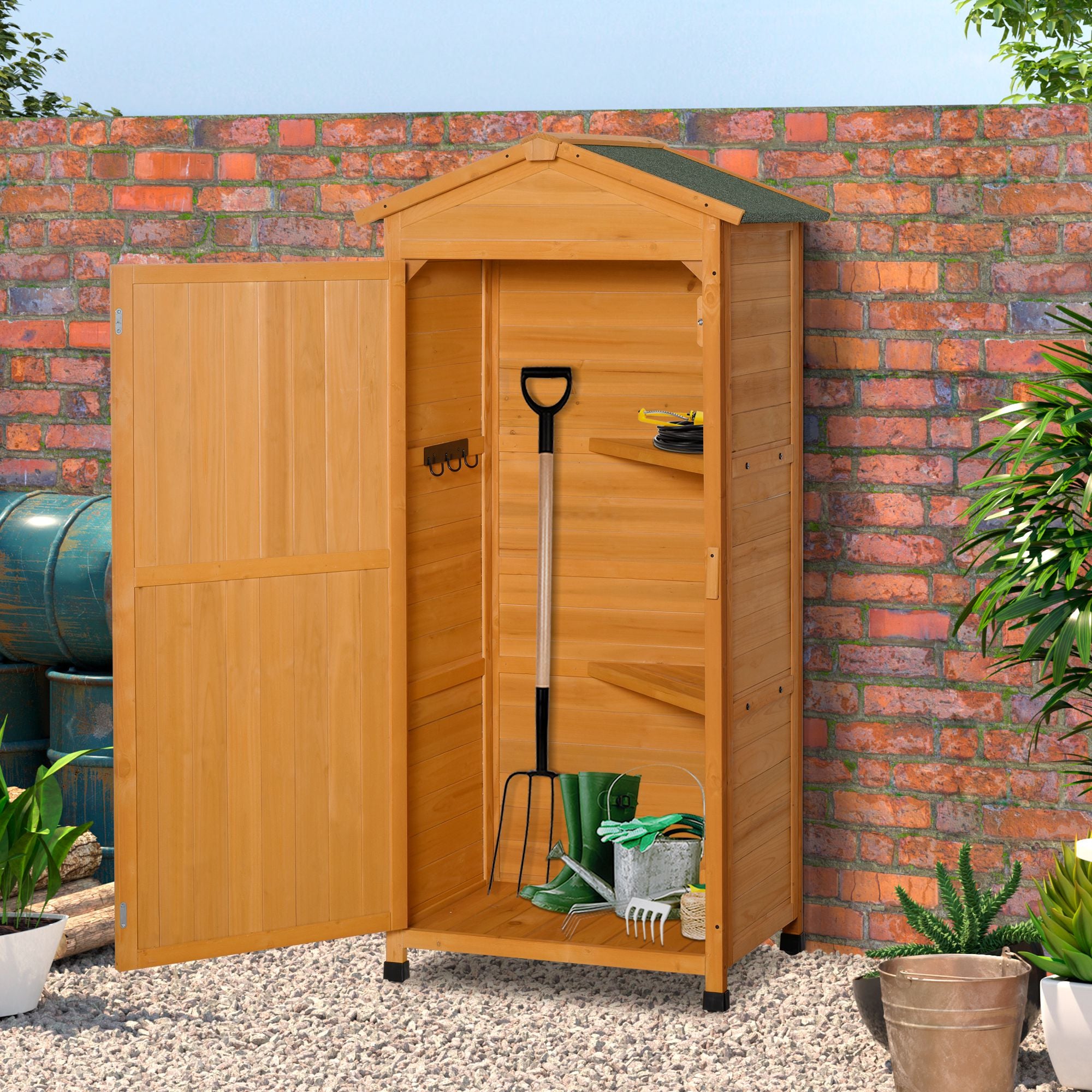Outsunny Wooden Garden Cabinet 3-Tier Storage Shed 2 Shelves Lockable Organizer with Hooks Foot Pad 74 x 55 x 155cm Dark Yellow - anydaydirect