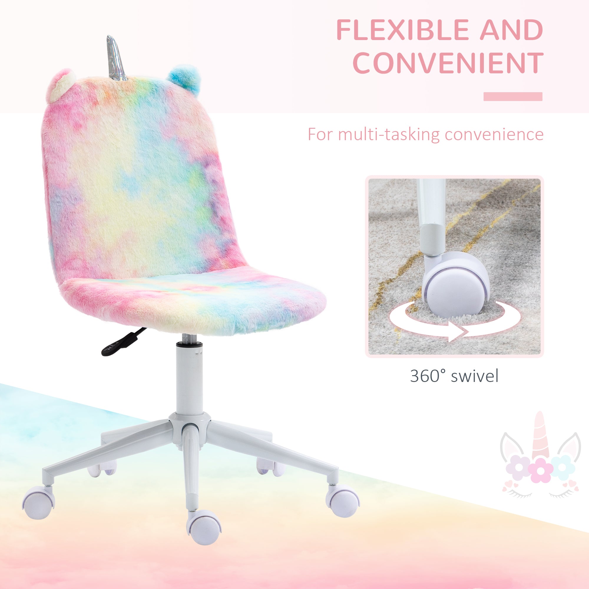 Vinsetto Fluffy Unicorn Office Chair with Mid-Back and Swivel Wheel, Cute Desk Chair, Rainbow Multi-Colored - anydaydirect