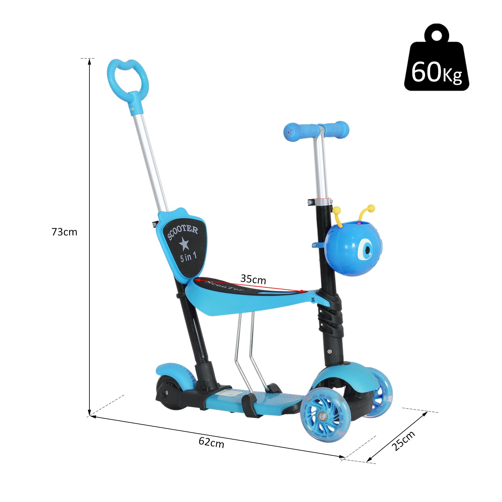 HOMCOM 5-in-1 Kids Toddler 3 Wheels Mini Kick Scooter Push Walker with Removable Seat & Back Rest for Girls and Boys Blue - anydaydirect