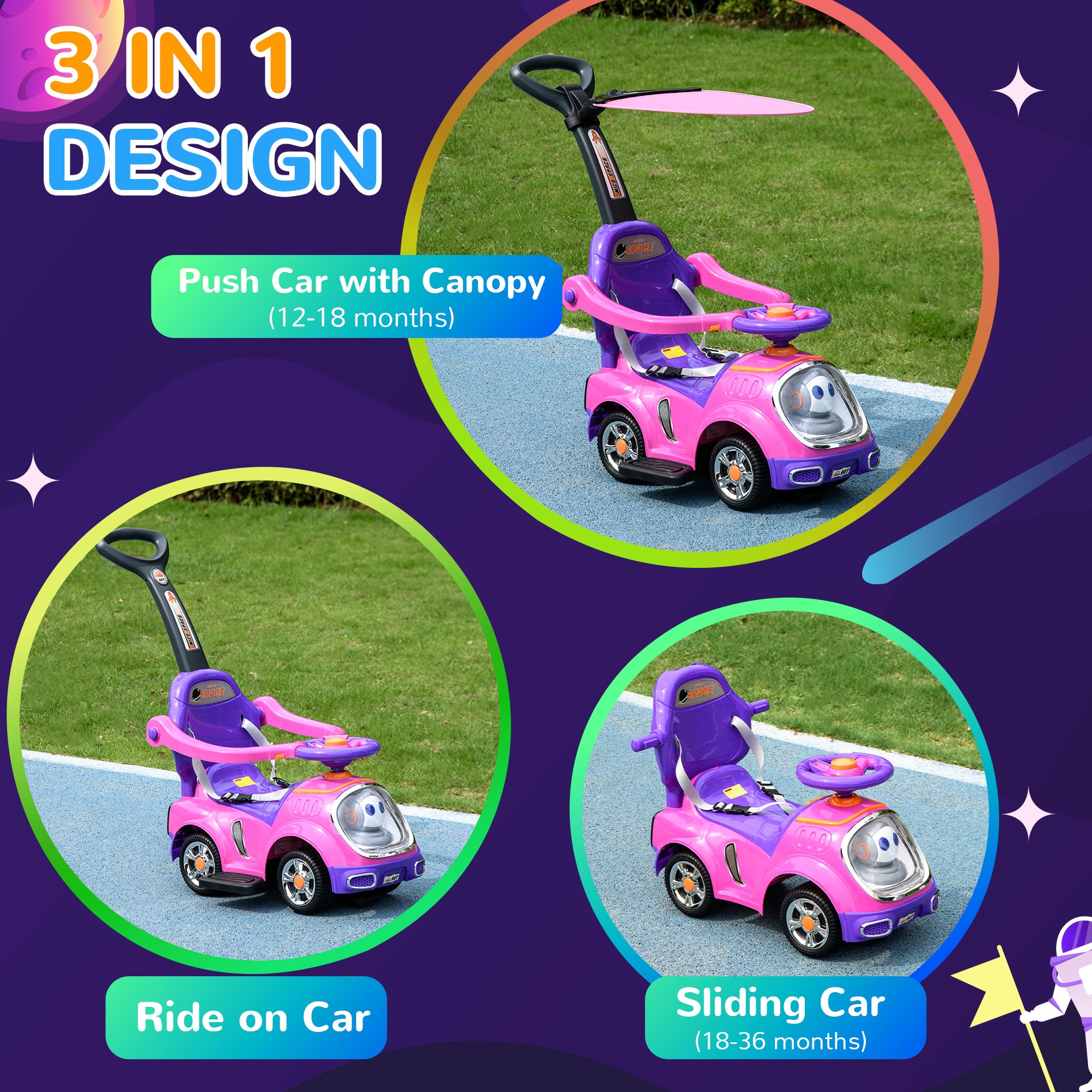 AIYAPLAY 3 in 1 Ride on Push Car, Cartoon Robot Theme Foot to Floor Slider w/ Handle Light Music Horn, Storage - Pink - anydaydirect