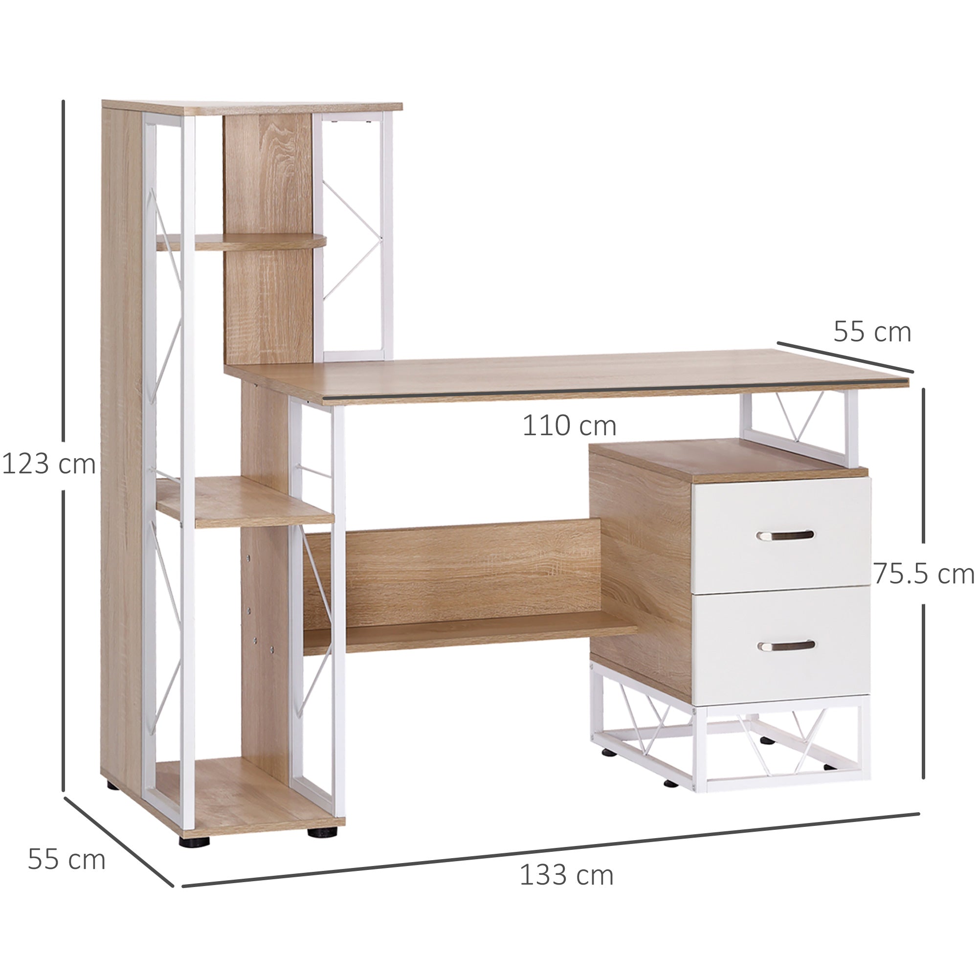 HOMCOM Computer Desk with Drawers and Bookshelf, Writing Desk for Home Office with Storage Shelves, Study Workstation, Oak - anydaydirect