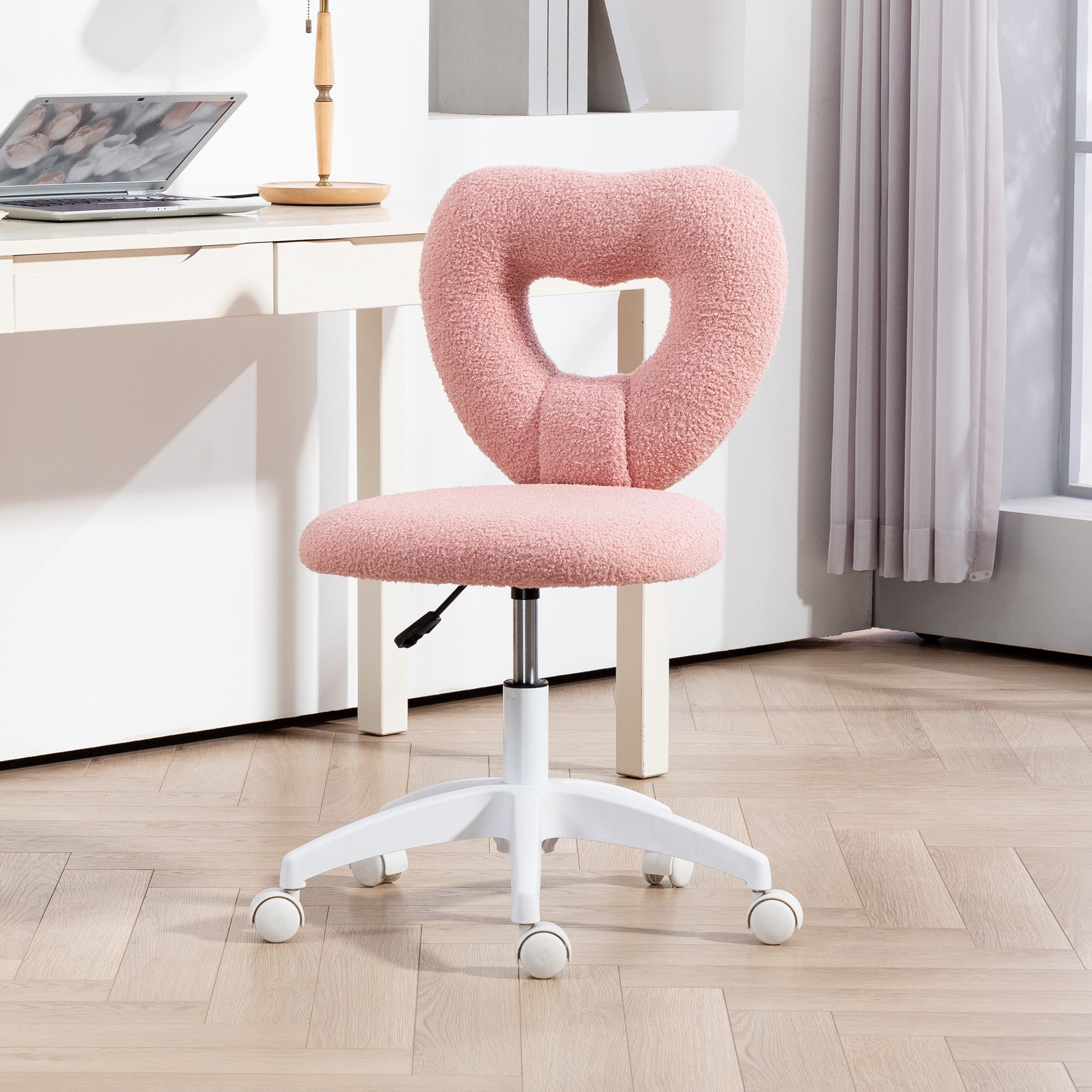 HOMCOM Armless Heart Computer Desk Chair, Teddy Fleece Swivel Office Chair, Makeup Vanity Chair with Height Adjustable, Wheels, for Home Study Bedroom, Pink - anydaydirect