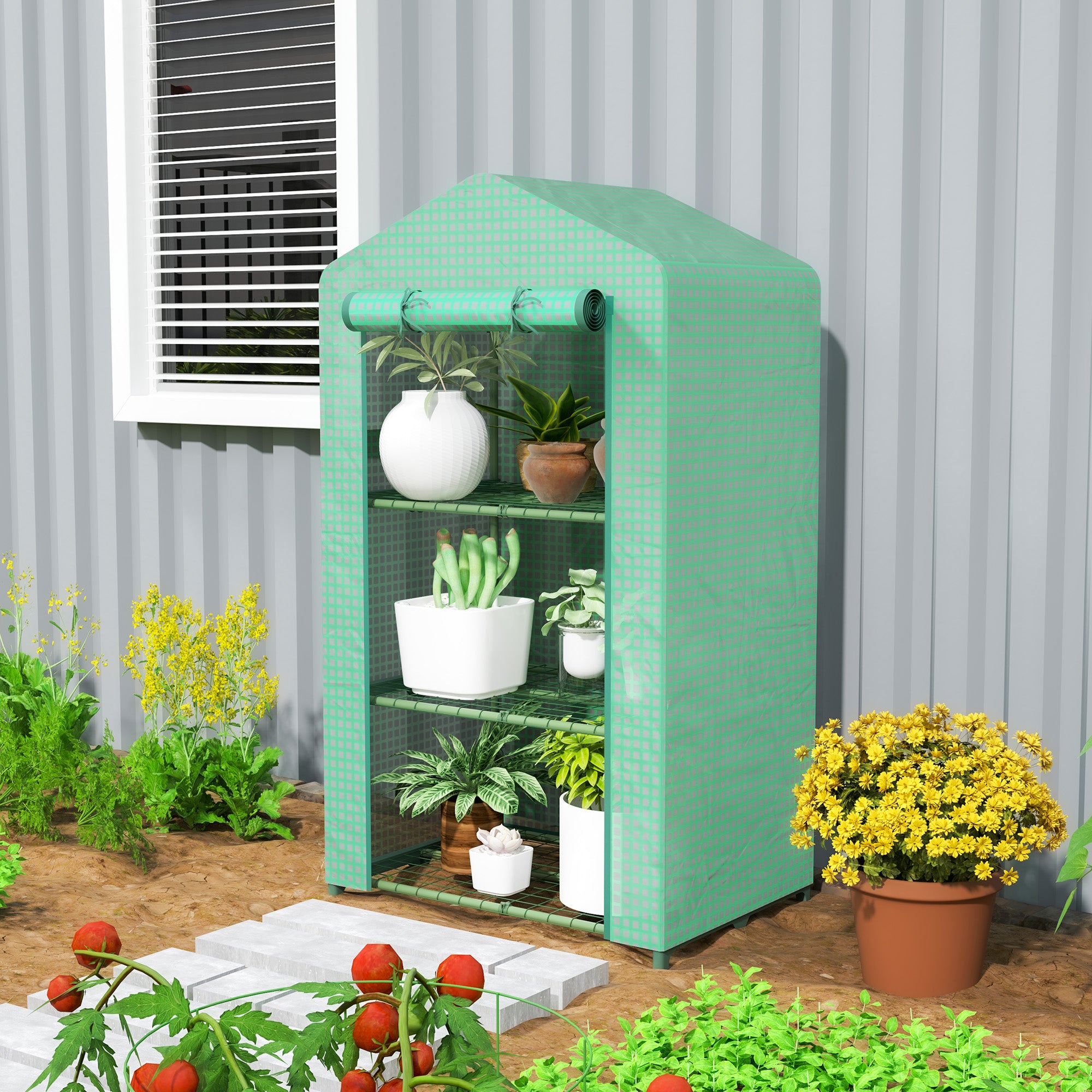 Outsunny 3 Tier Mini Greenhouse Portable Garden Grow House with Roll Up Door and Wire Shelves, 69 x 49 x 125 cm, Green - anydaydirect