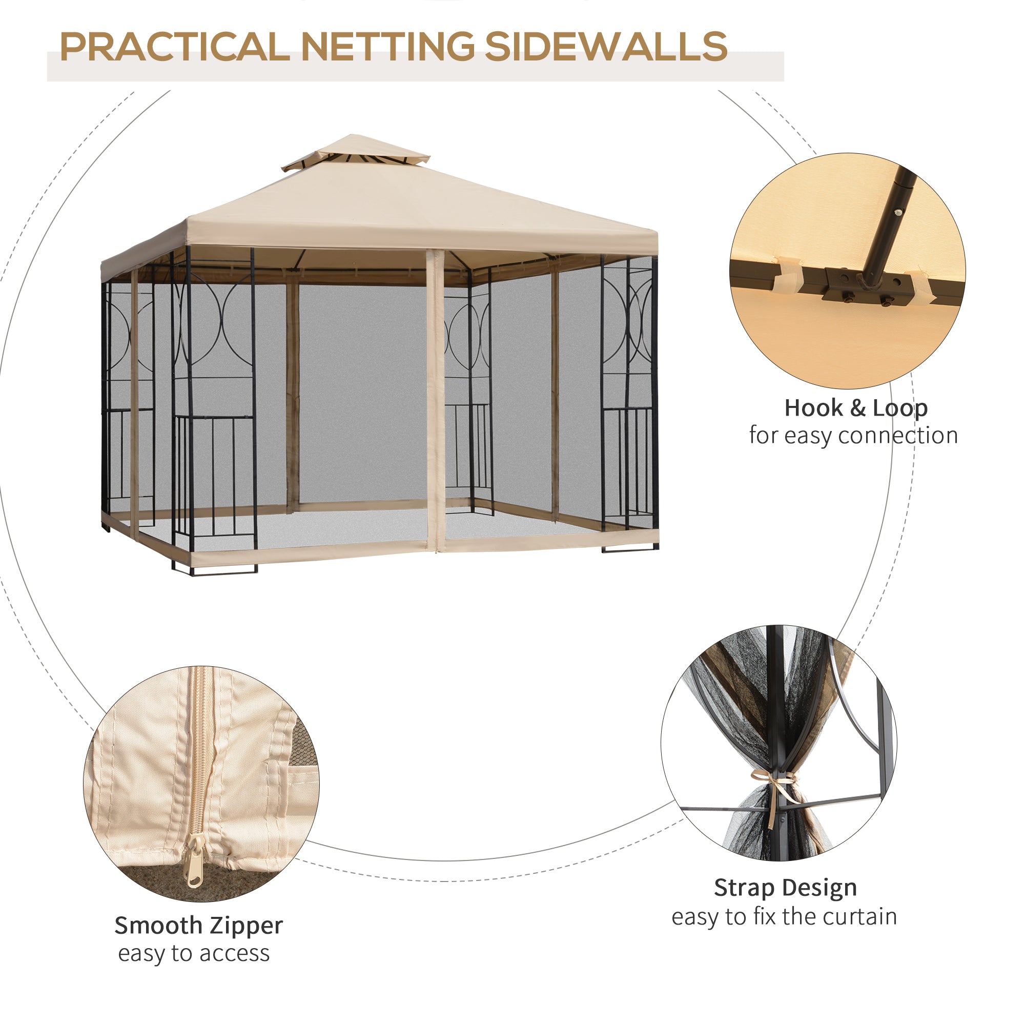 Outsunny 3(m) x 3(m) Garden Gazebo, Double Roof Outdoor Gazebo Canopy Shelter with Netting, Solid Steel Frame for Garden, Lawn, Backyard and Deck - anydaydirect