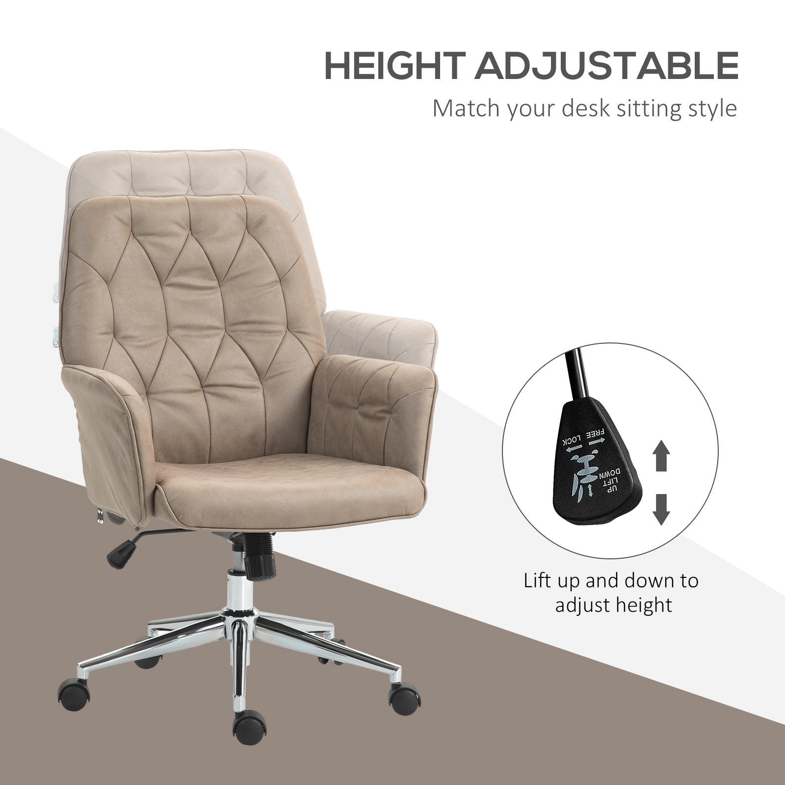 Vinsetto Microfibre Computer Chair with Armrest, Modern Swivel Chair with Adjustable Height, Khaki - anydaydirect