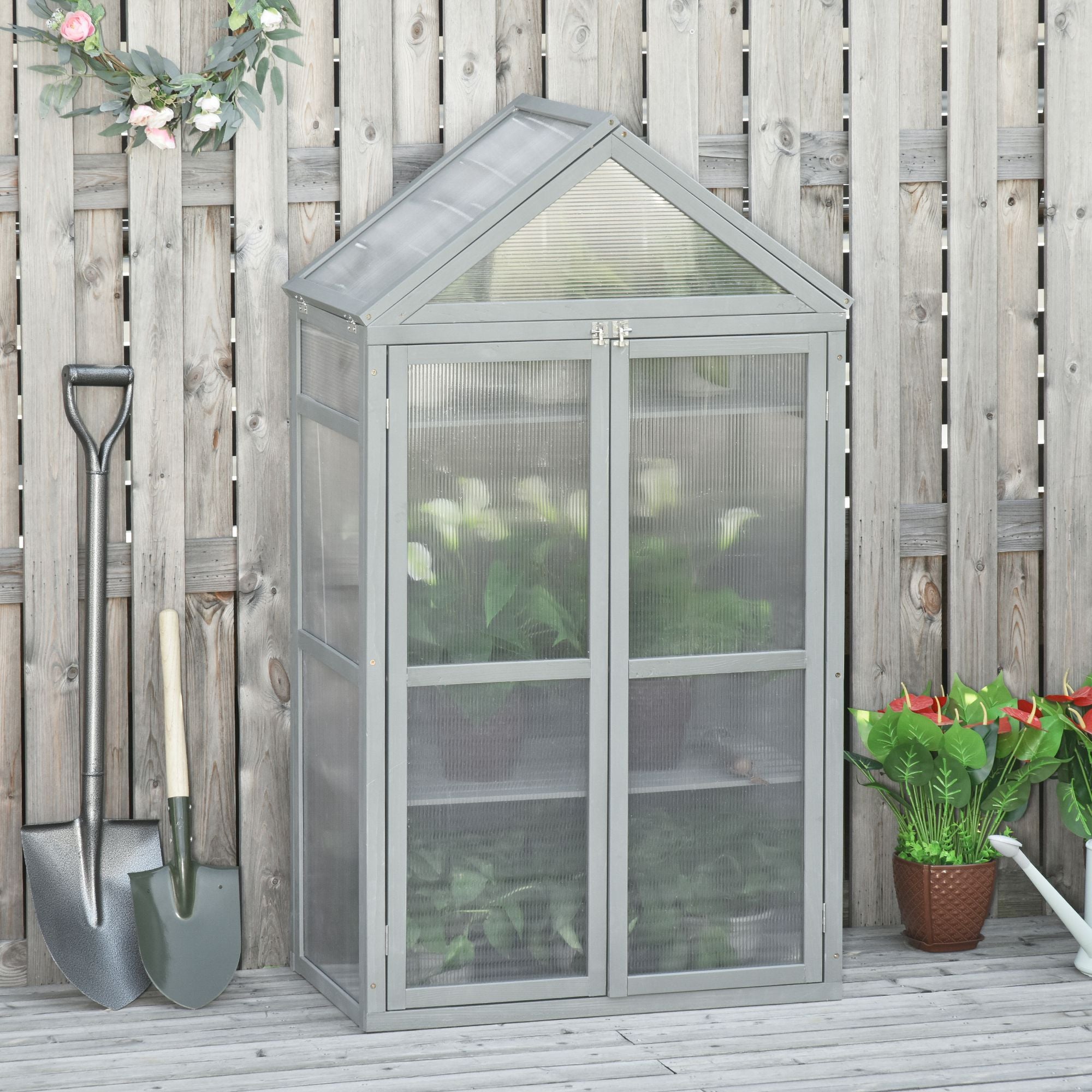 Outsunny Garden Cold Frame Polycarbonate Greenhouse with Adjustable Shelves, Double Doors, Openable Top Covers, Grow House for Flower Vegetable Plants, 80 x 47 x 138cm, Grey - anydaydirect