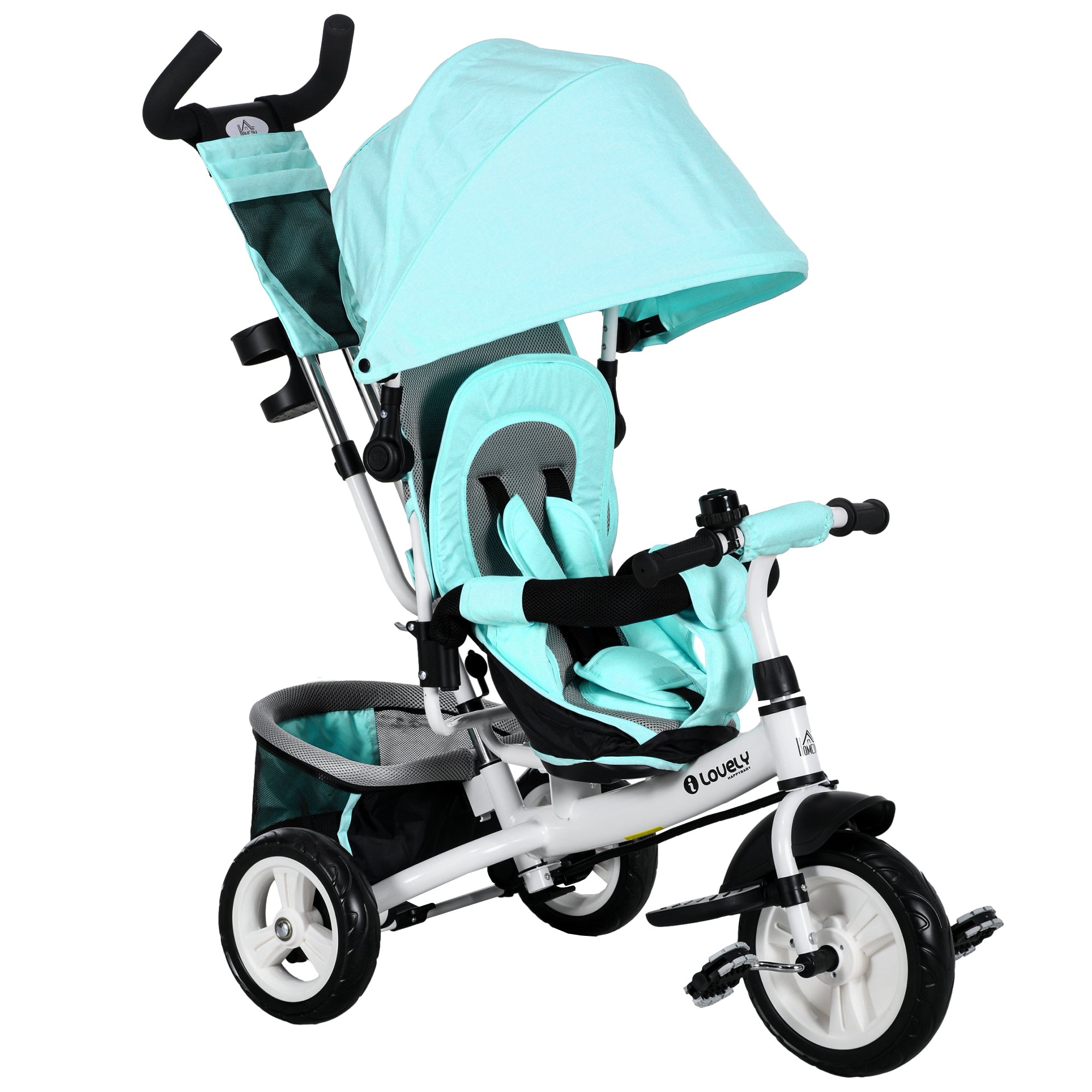 HOMCOM 4 in 1 Kids Trike Push Bike w/ Push Handle, Canopy, 5-point Safety Belt, Storage, Footrest, Brake, for 1-5 Years, Green - anydaydirect
