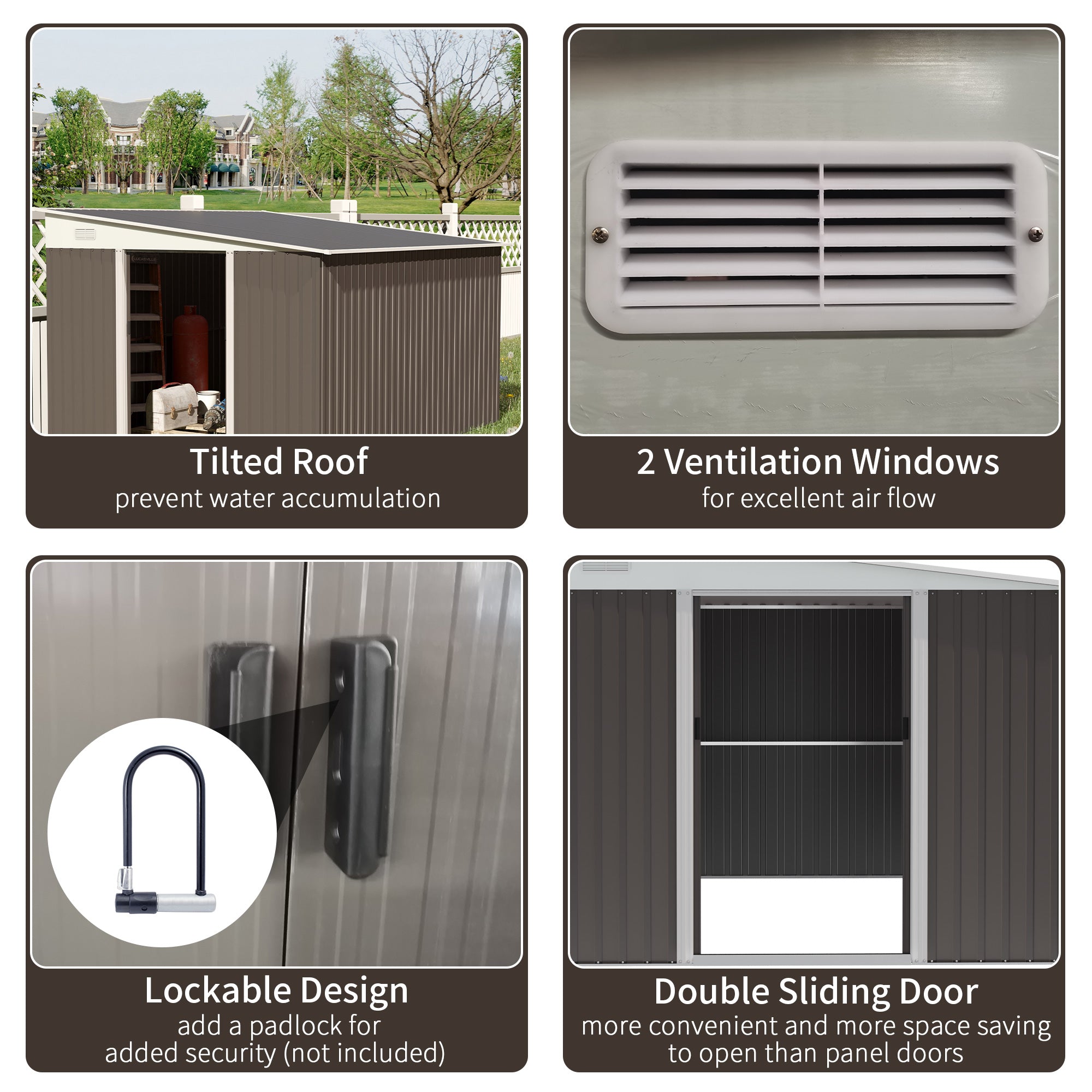 Outsunny 11 x 9 ft Metal Garden Storage Shed Sloped roof Tool House with Double Sliding Doors and 2 Air Vents, Grey - anydaydirect