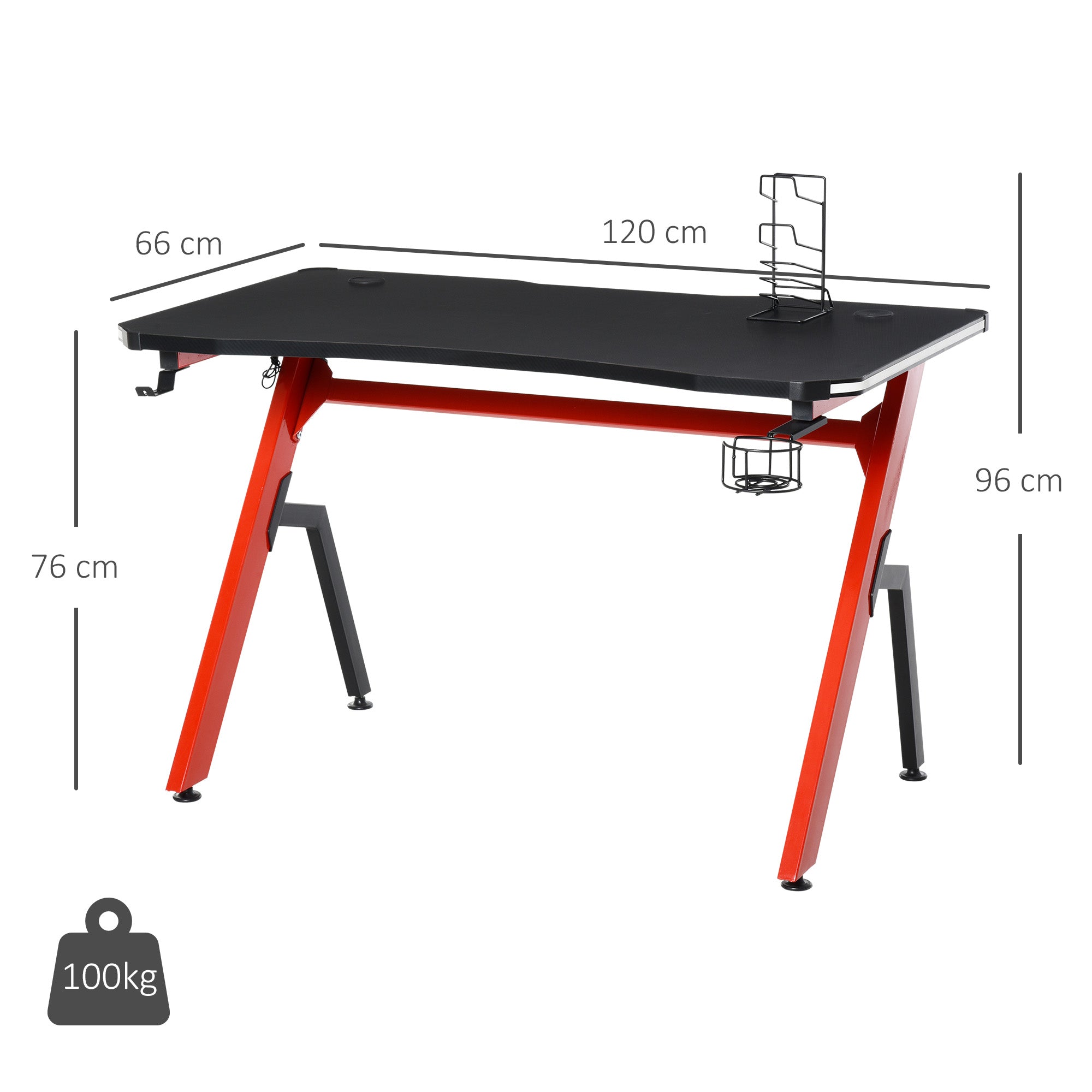 HOMCOM RGB 120 x 66cm Gaming Desk, Computer Table with Carbon Fibre Surface, Headphone Hook, Cup Holder, Controller Rack, Home Office Desk, Black and Red - anydaydirect