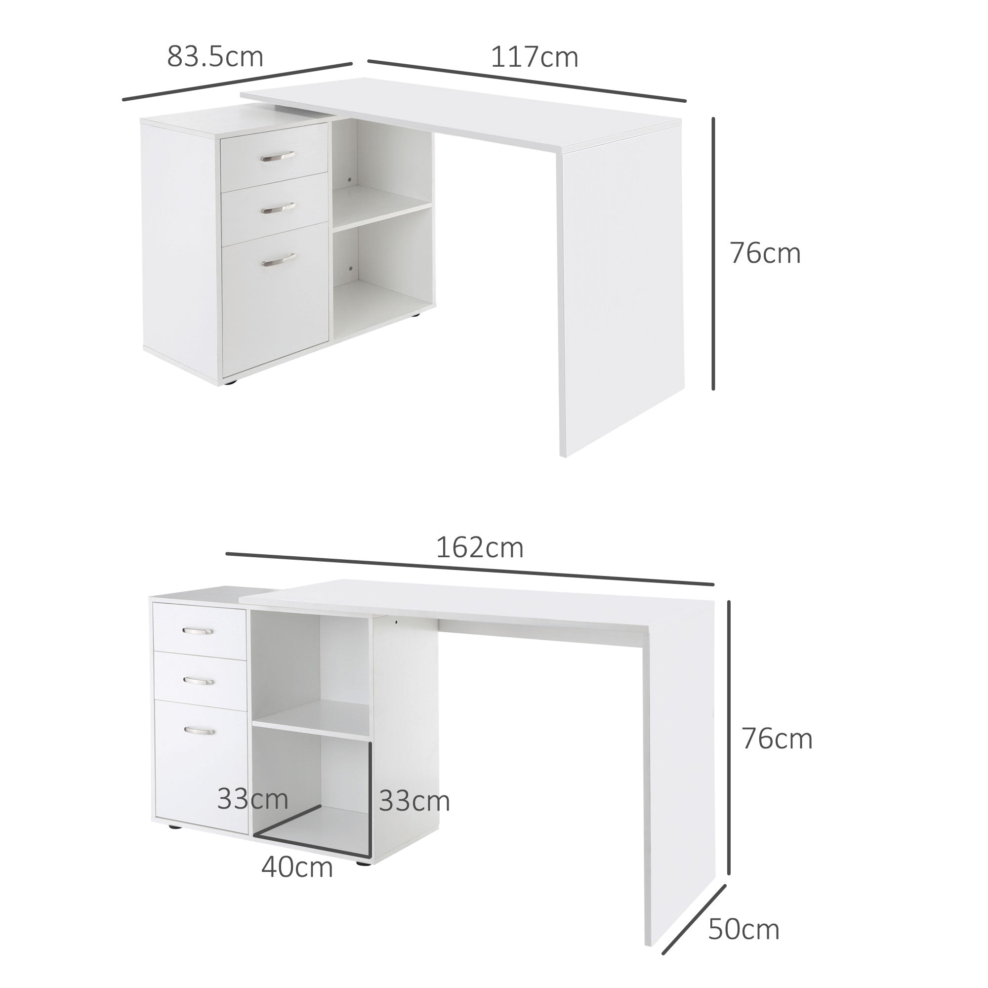 HOMCOM L Shaped Computer Desk, Reversible Home Office Desk with Drawers, File Cabinet and Storage Shelves, Study Table, 117 x 83.5 x 76cm, White - anydaydirect