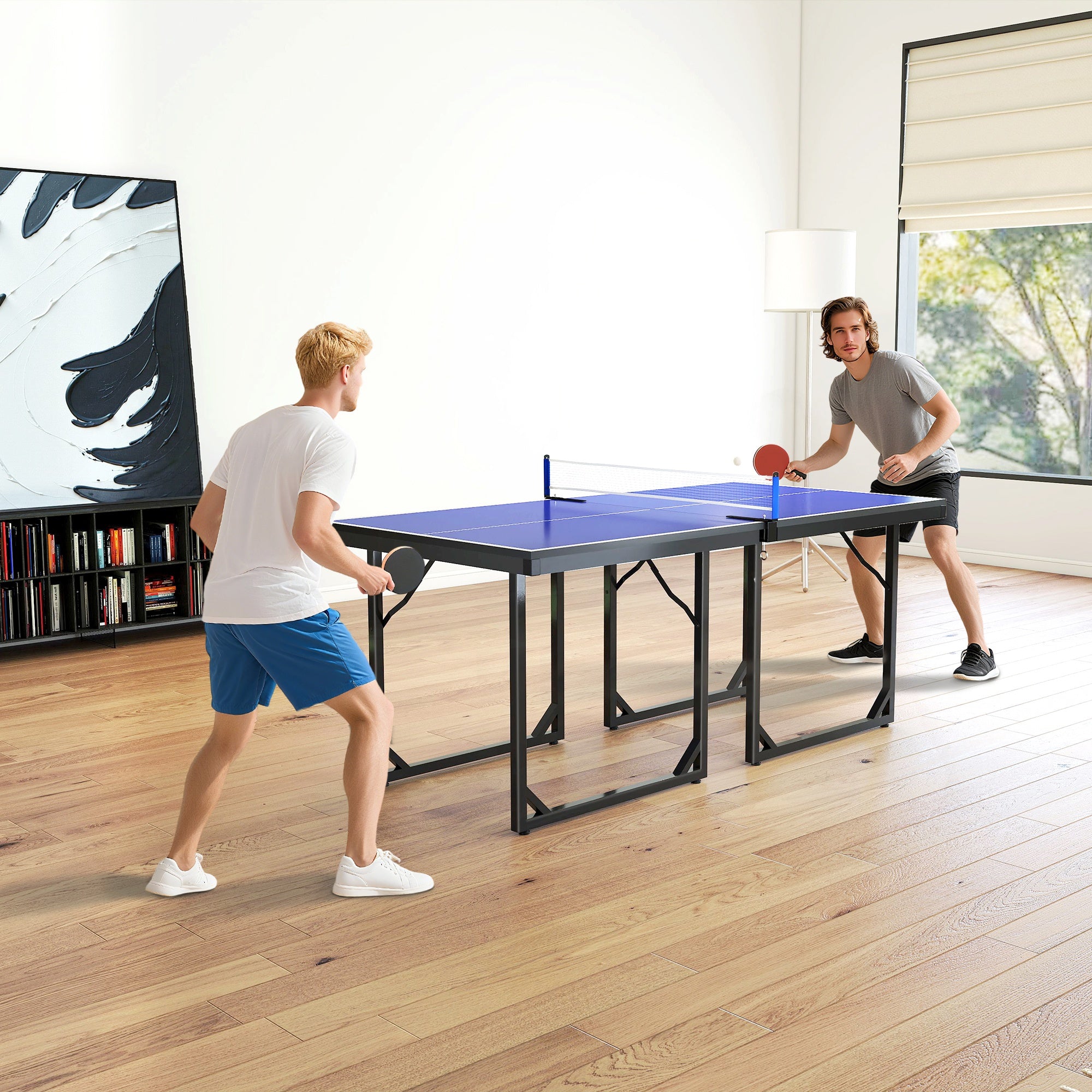 HOMCOM 6ft Table Tennis Table, Ping Pong Table with Net, Foldable and Portable Ping Pong Set for Indoor Outdoor Use, Easy Assemble, Midsize, Blue - anydaydirect