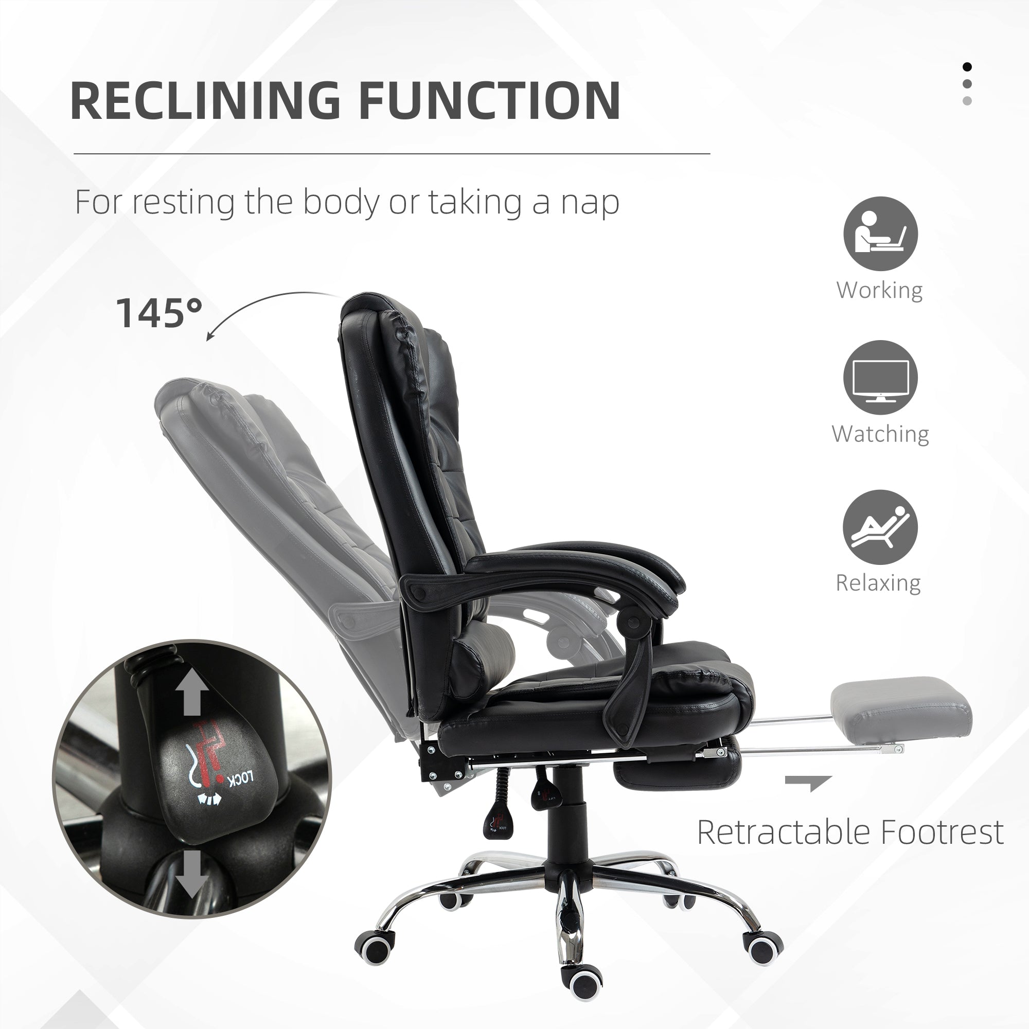 HOMCOM Executive Office Chair, PU Leather Home Office Chair with Swivel Wheels, Reclining Backrest, Retractable Footrest, Black - anydaydirect