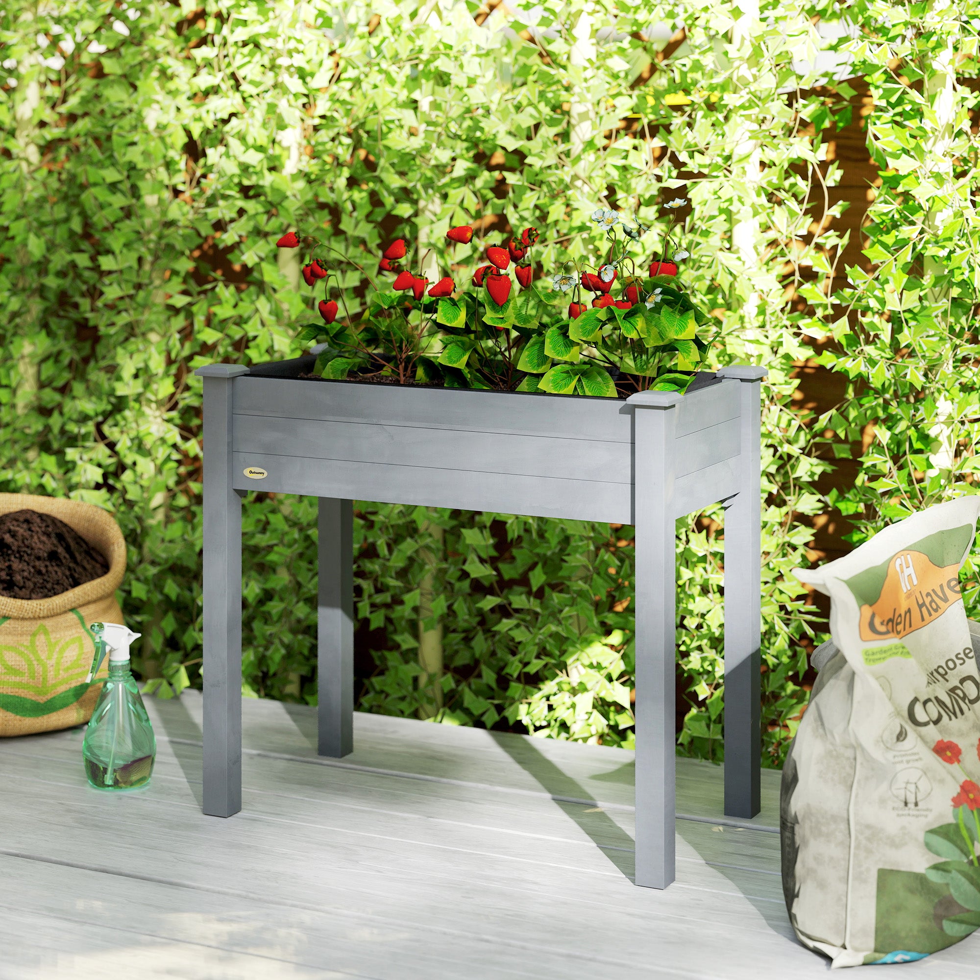 Outsunny Raised Bed for Garden, Wooden Elevated Planter Box with Bed Liner, for Flower Vegetable Herb, Dark Grey - anydaydirect